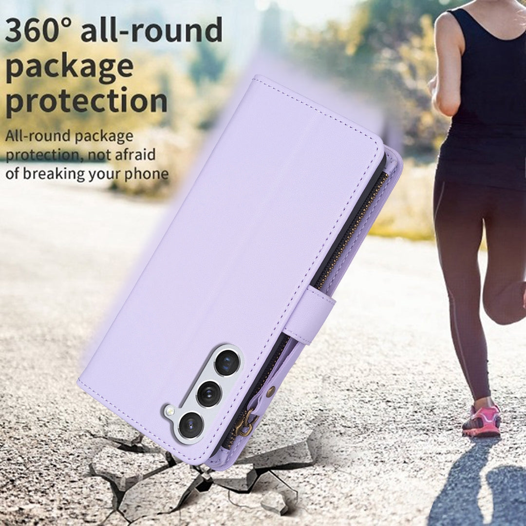 Samsung Galaxy S24 5G Leather Flip Phone Case with 9 Card Slots, Zipper Wallet & Detachable Wristlet Strap