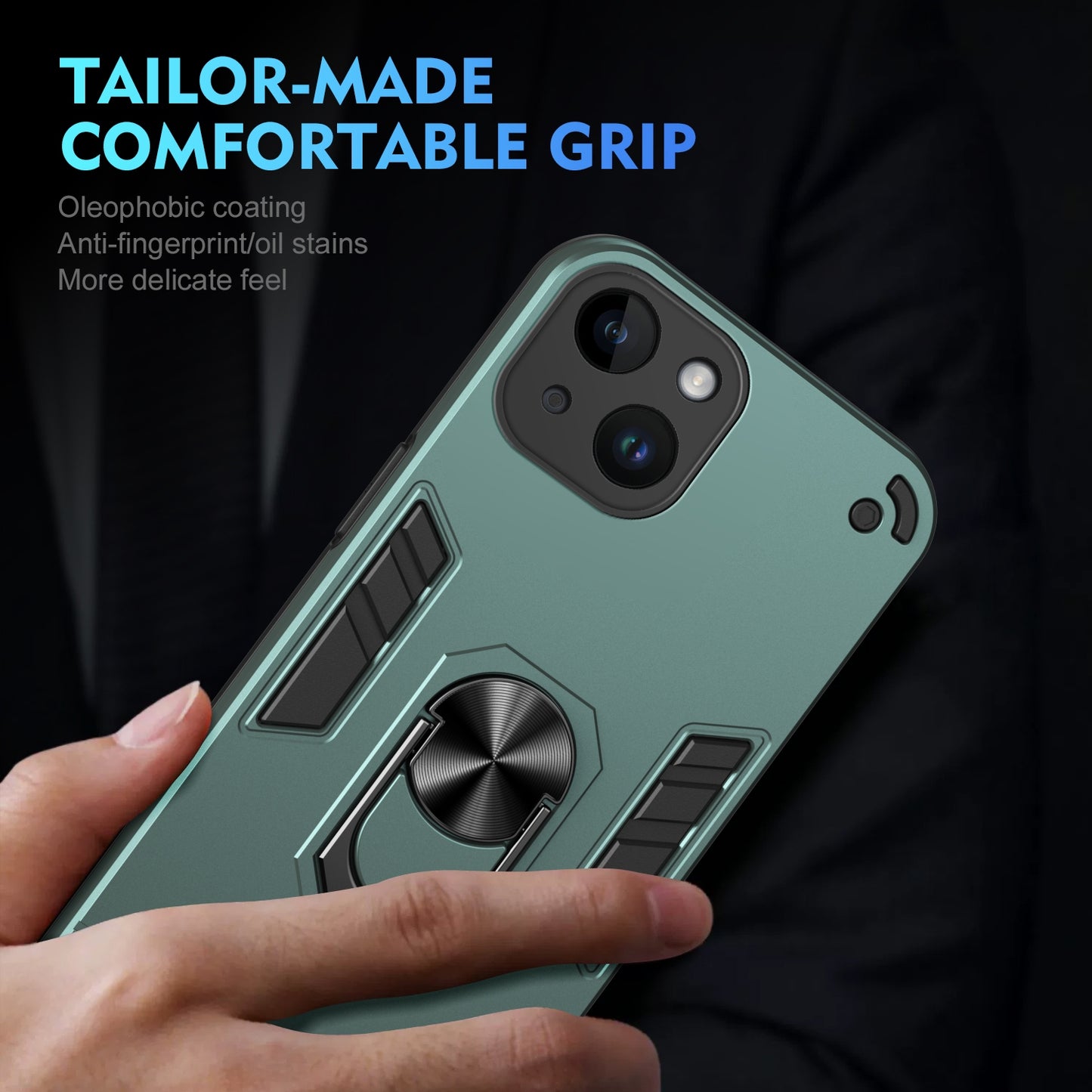 Apple iPhone 14 Shockproof Metal Ring Holder Phone Case with 360 degrees Rotating Kickstand, Ultra Slim Protective Cover, Raised Camera Guard, PC Silicone Armour Shell, Anti-Scratch Back & Edge Protection