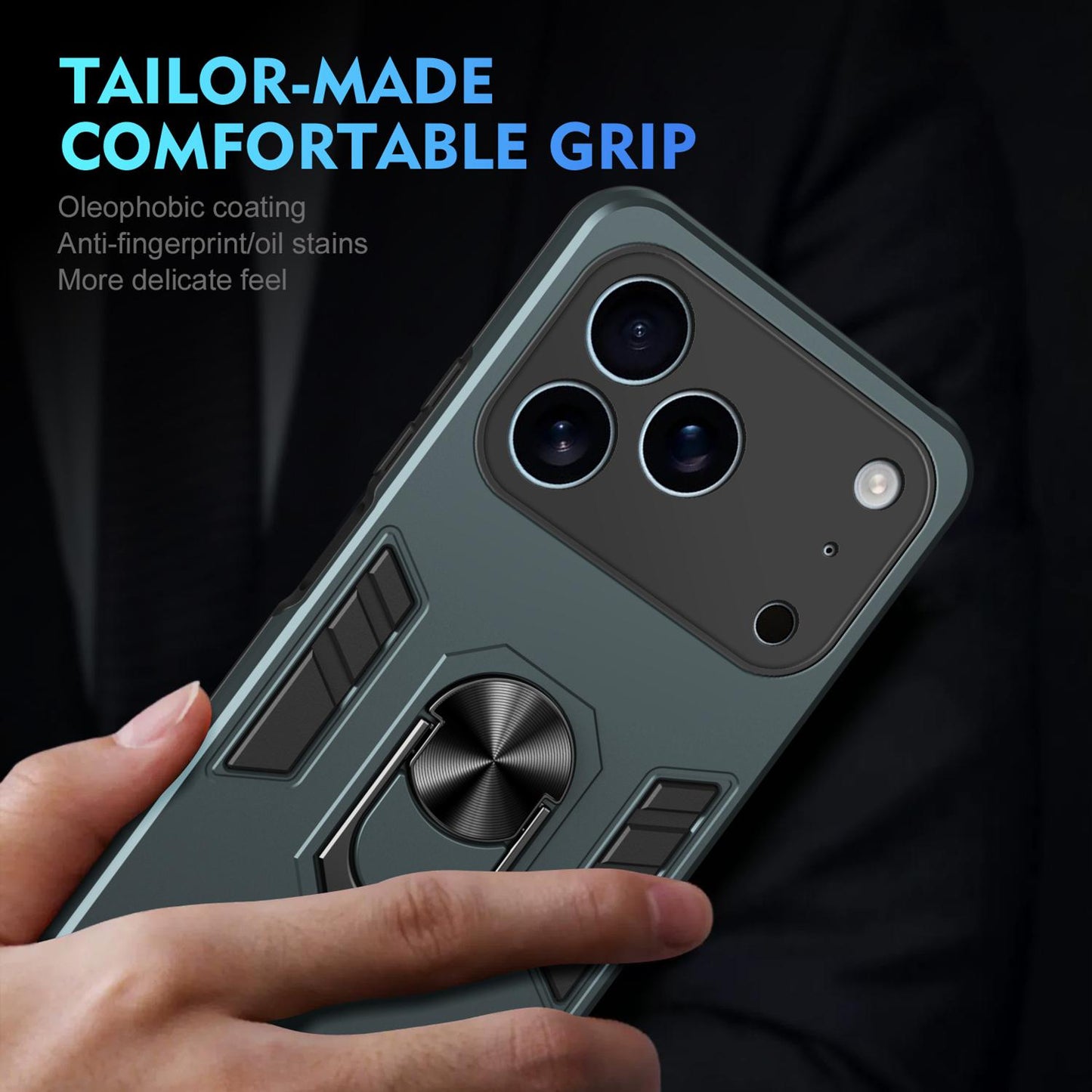 Apple iPhone 17 Pro Shockproof Metal Ring Holder Phone Case with 360 degrees Rotating Kickstand, Ultra Slim Protective Cover, Raised Camera Guard, PC Silicone Armour Shell, Anti-Scratch Back & Edge Protection