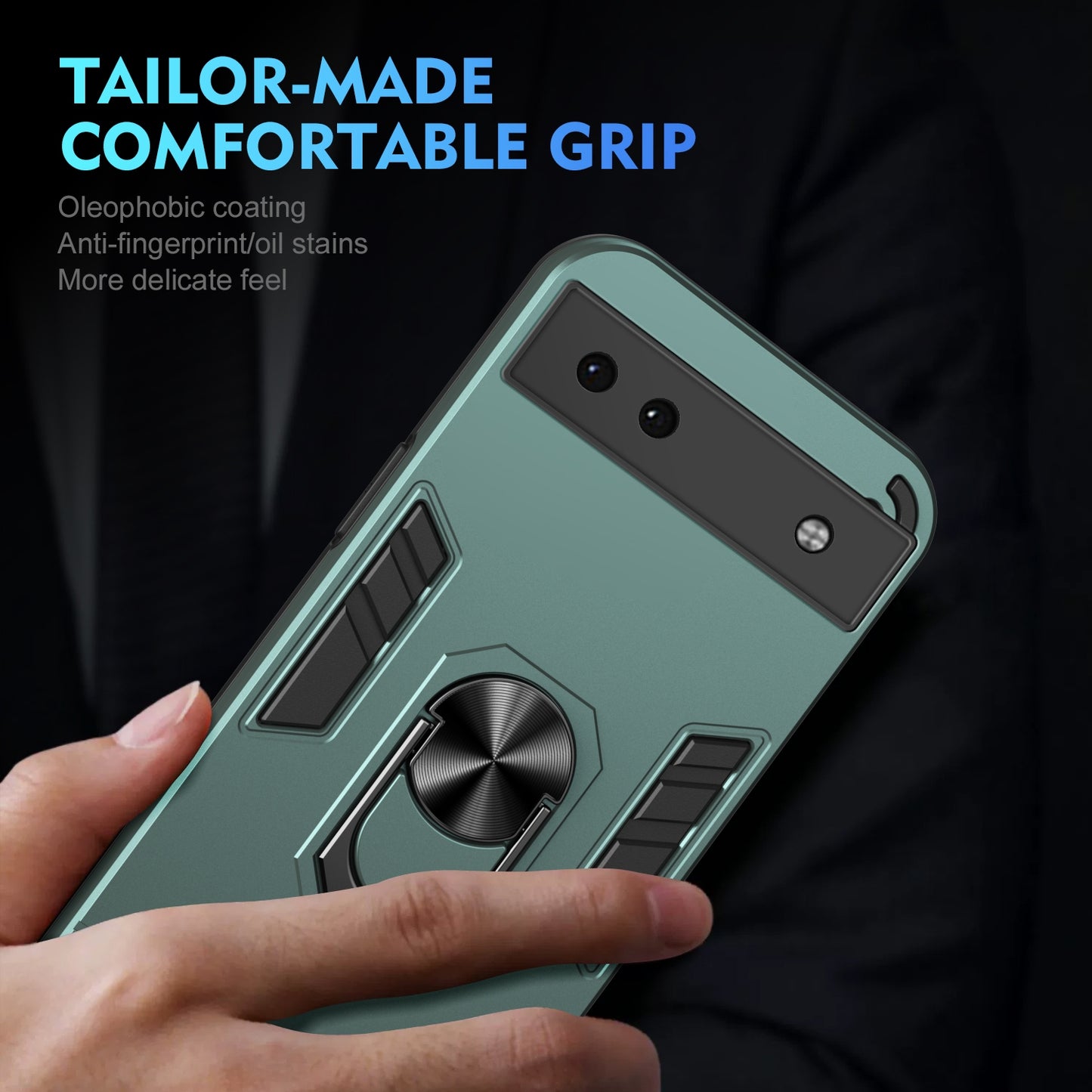 Google Pixel 6a Shockproof Metal Ring Holder Phone Case with 360 degrees Rotating Kickstand, Ultra Slim Protective Cover, Raised Camera Guard, PC Silicone Armour Shell, Anti-Scratch Back & Edge Protection