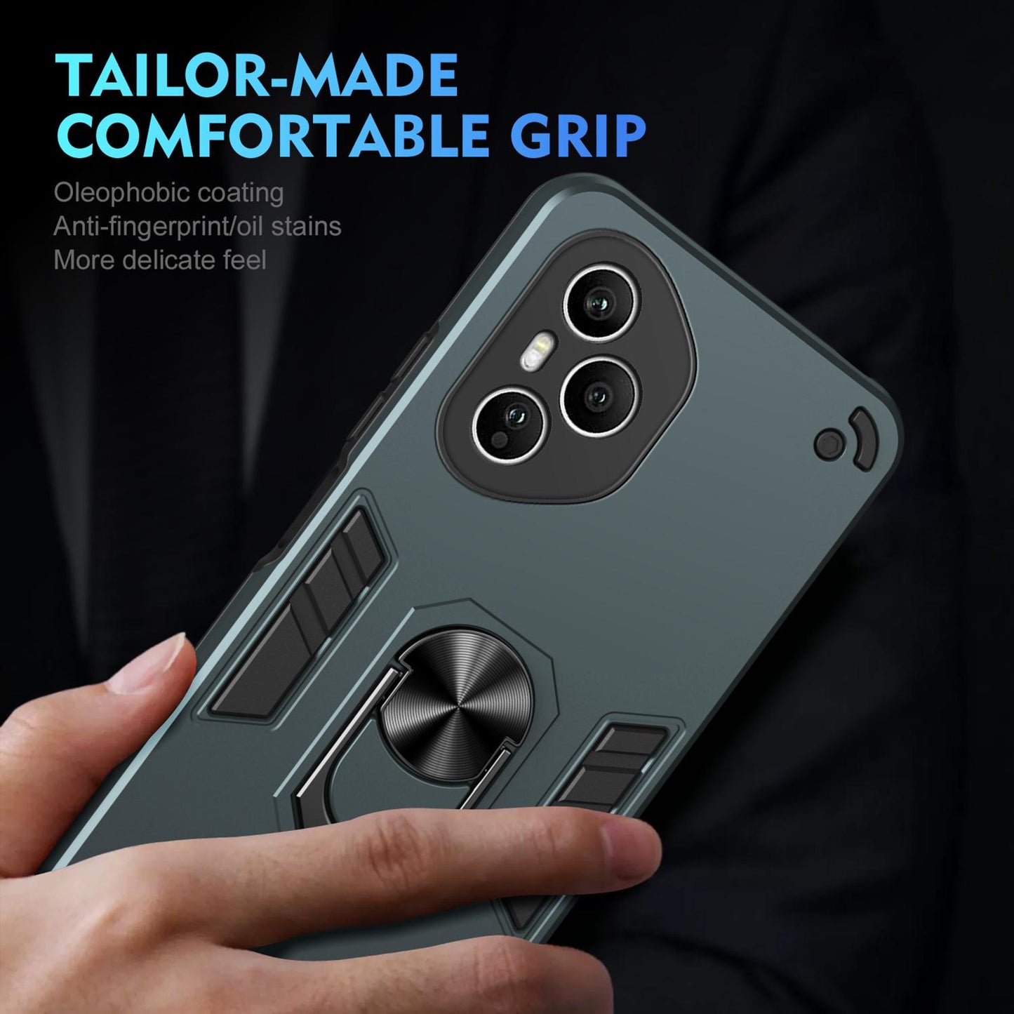 Honor 400 Pro 160.8mm Shockproof Metal Ring Holder Phone Case with 360 degrees Rotating Kickstand, Ultra Slim Protective Cover, Raised Camera Guard, PC Silicone Armour Shell, Anti-Scratch Back & Edge Protection
