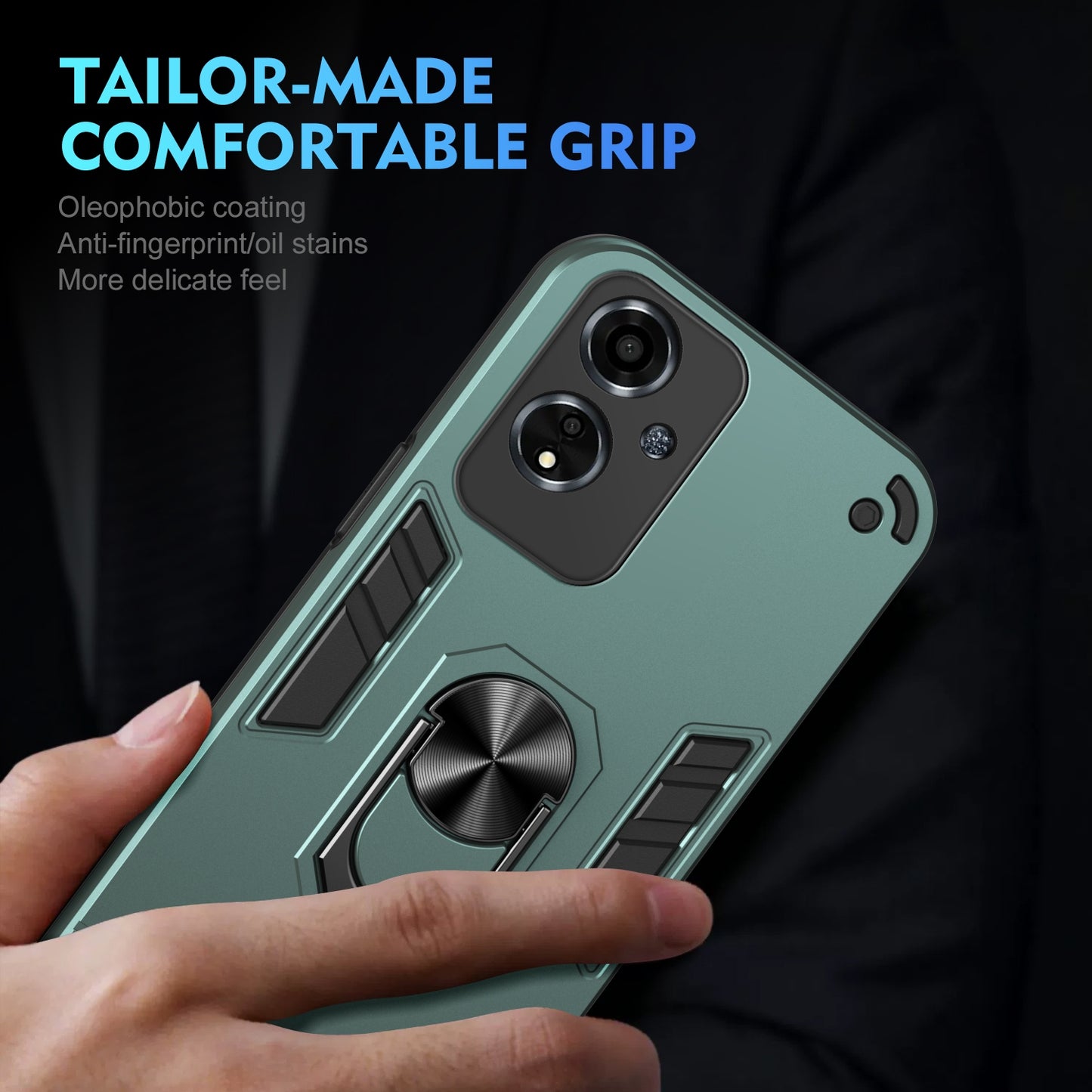 OPPO A59 5G Shockproof Metal Ring Holder Phone Case with 360 degrees Rotating Kickstand, Ultra Slim Protective Cover, Raised Camera Guard, PC Silicone Armour Shell, Anti-Scratch Back & Edge Protection