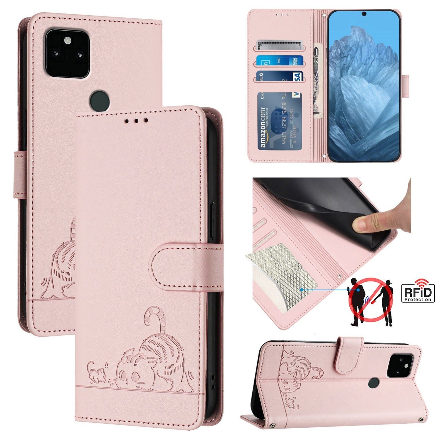 Google Pixel 5A 5G Cat & Rat Embossed RFID Leather Case, Lanyard, Wallet, Card Slots, Kickstand, Anti-Fall, Scratch-Resistant