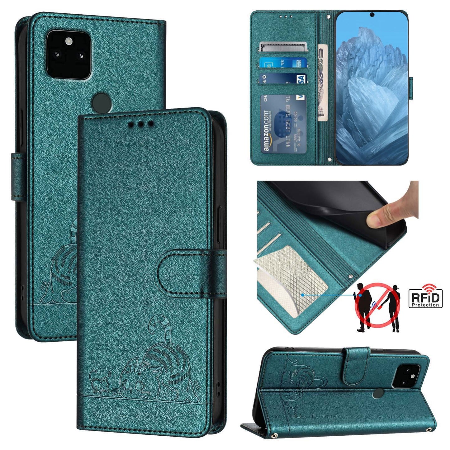 Google Pixel 5A 5G Cat & Rat Embossed RFID Leather Case, Lanyard, Wallet, Card Slots, Kickstand, Anti-Fall, Scratch-Resistant