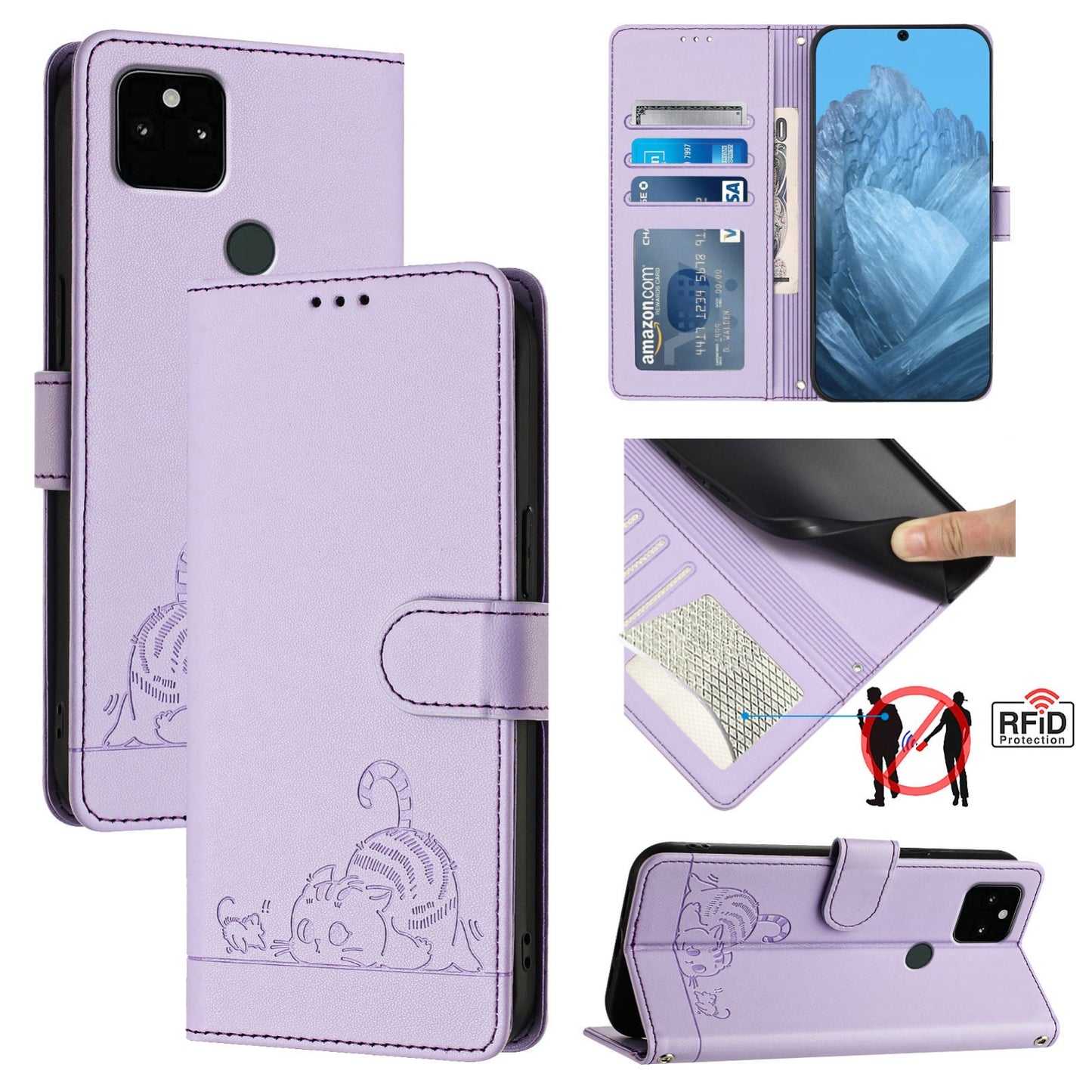 Google Pixel 5A 5G Cat & Rat Embossed RFID Leather Case, Lanyard, Wallet, Card Slots, Kickstand, Anti-Fall, Scratch-Resistant