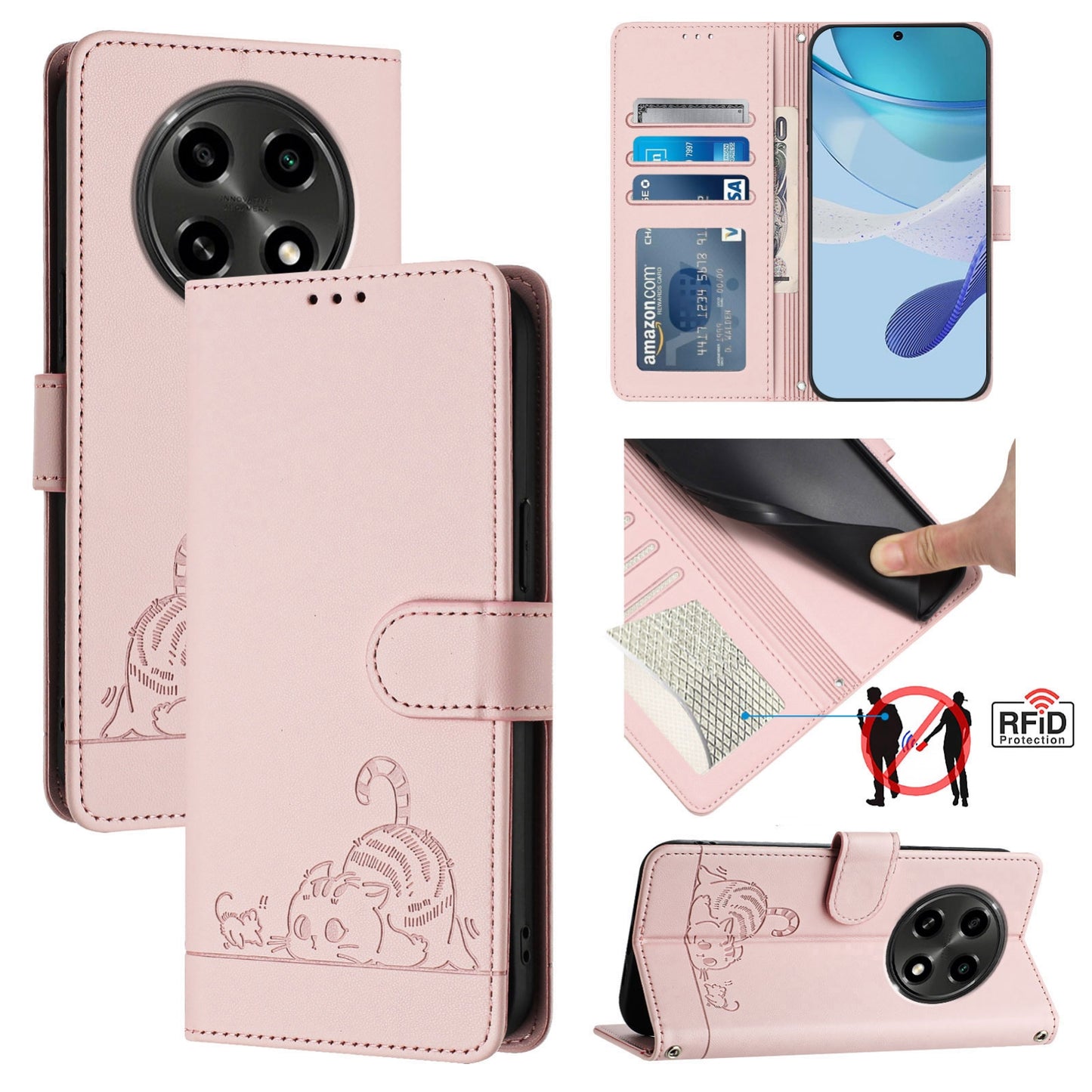 OPPO A2 Pro 5G Cat & Rat Embossed RFID Leather Case, Lanyard, Wallet, Card Slots, Kickstand, Anti-Fall, Scratch-Resistant