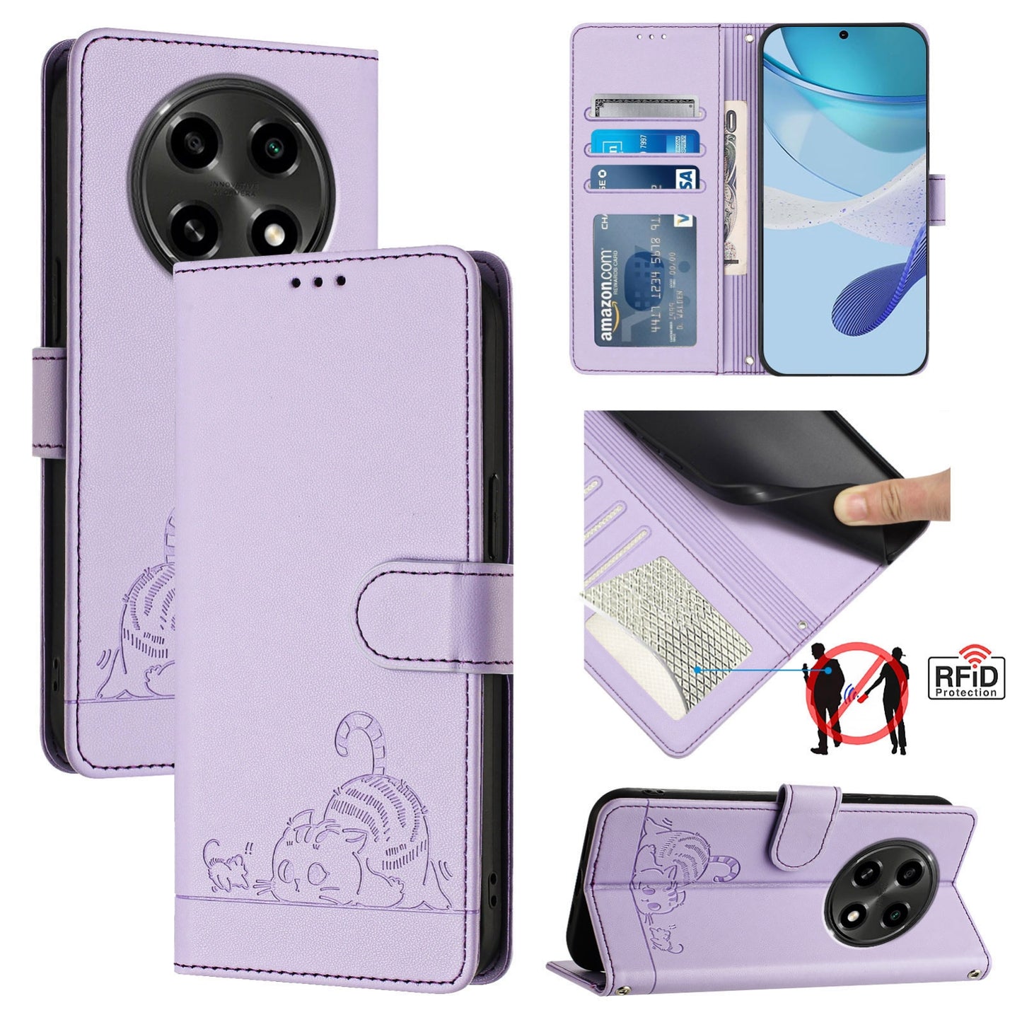 OPPO A2 Pro 5G Cat & Rat Embossed RFID Leather Case, Lanyard, Wallet, Card Slots, Kickstand, Anti-Fall, Scratch-Resistant
