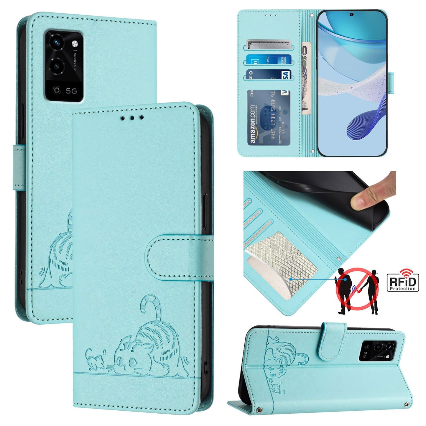 OPPO A55S 5G Cat & Rat Embossed RFID Leather Case, Lanyard, Wallet, Card Slots, Kickstand, Anti-Fall, Scratch-Resistant