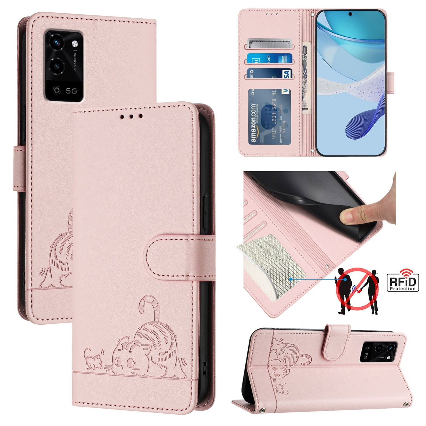 OPPO A55S 5G Cat & Rat Embossed RFID Leather Case, Lanyard, Wallet, Card Slots, Kickstand, Anti-Fall, Scratch-Resistant