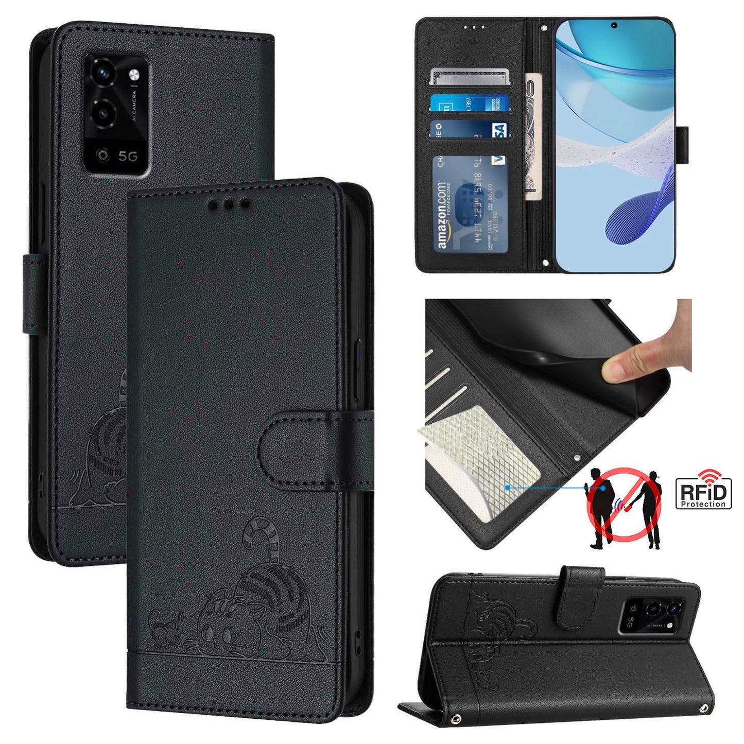 OPPO A55S 5G Cat & Rat Embossed RFID Leather Case, Lanyard, Wallet, Card Slots, Kickstand, Anti-Fall, Scratch-Resistant