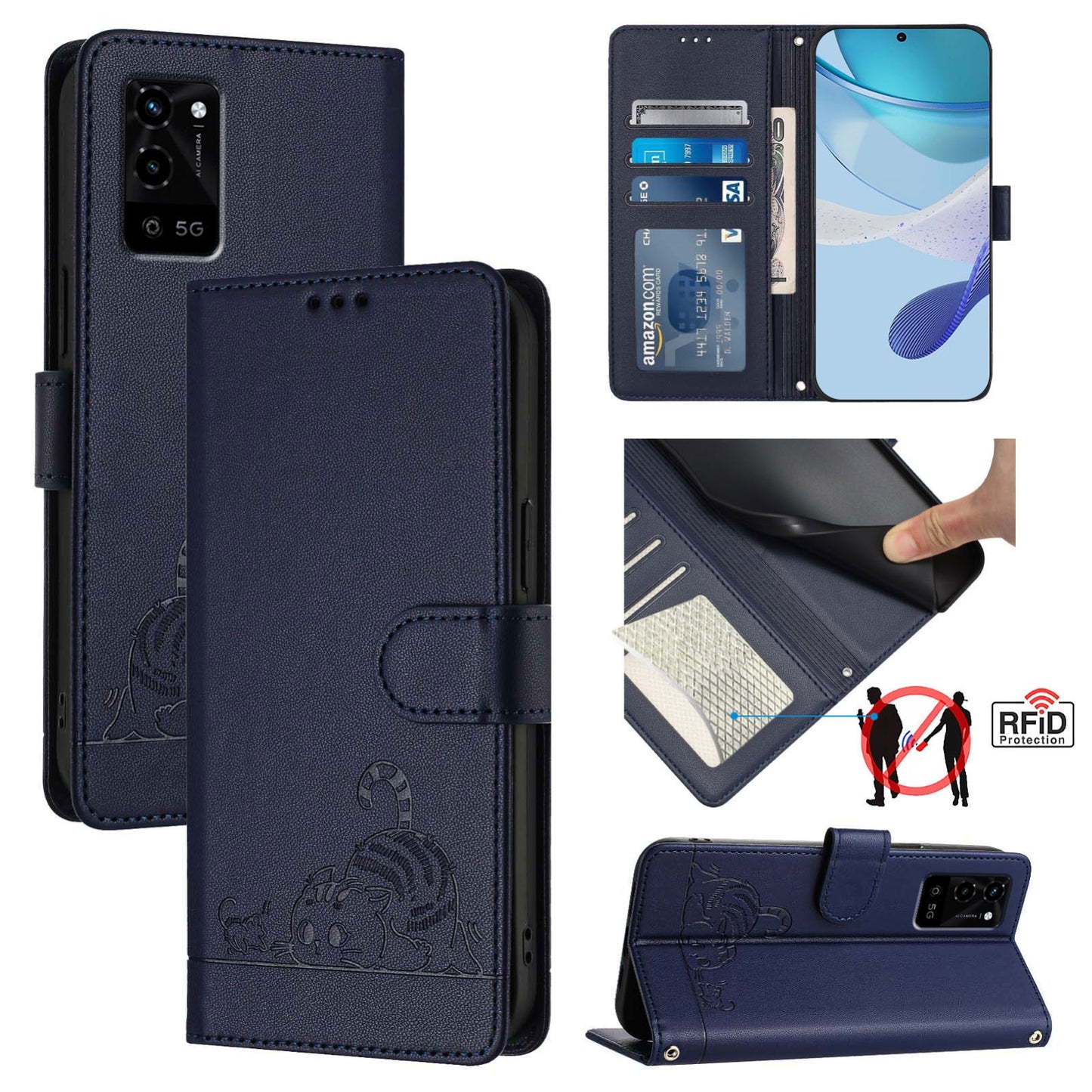 OPPO A55S 5G Cat & Rat Embossed RFID Leather Case, Lanyard, Wallet, Card Slots, Kickstand, Anti-Fall, Scratch-Resistant
