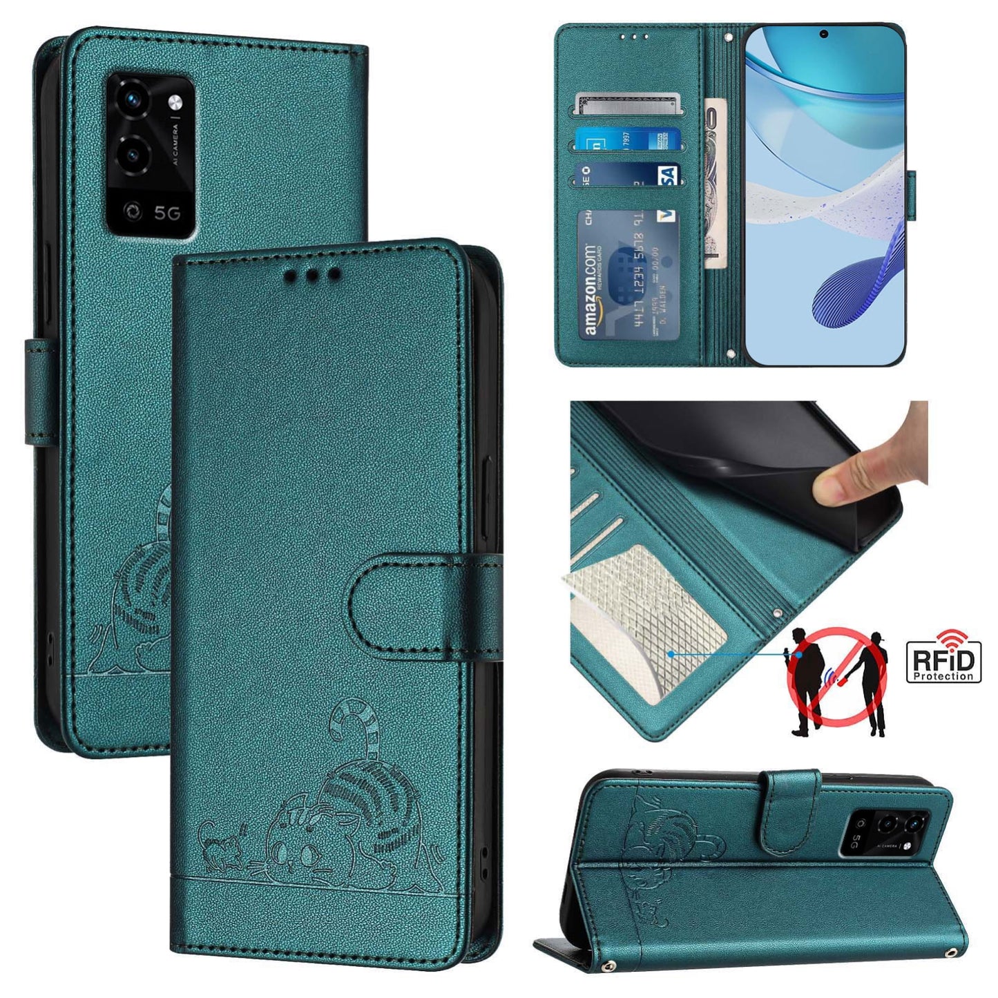 OPPO A56 5G Cat & Rat Embossed RFID Leather Case, Lanyard, Wallet, Card Slots, Kickstand, Anti-Fall, Scratch-Resistant