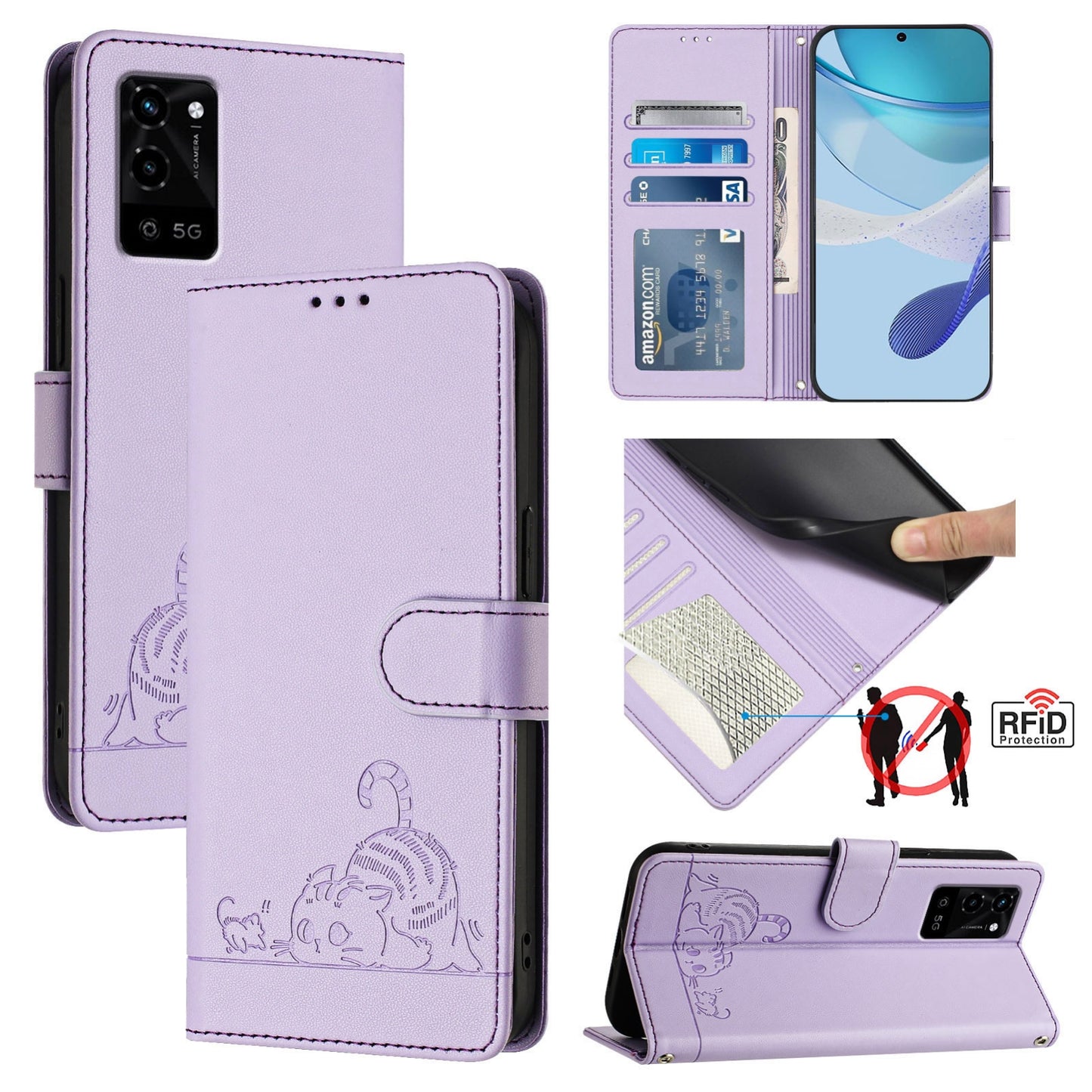 OPPO A56 5G Cat & Rat Embossed RFID Leather Case, Lanyard, Wallet, Card Slots, Kickstand, Anti-Fall, Scratch-Resistant
