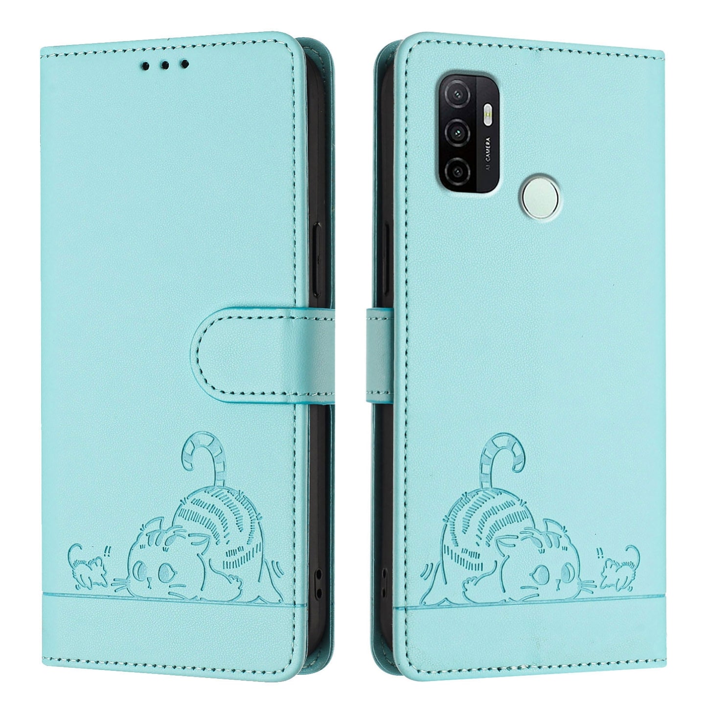 OPPO A33 2020 4G Cat & Rat Embossed RFID Leather Case, Lanyard, Wallet, Card Slots, Kickstand, Anti-Fall, Scratch-Resistant