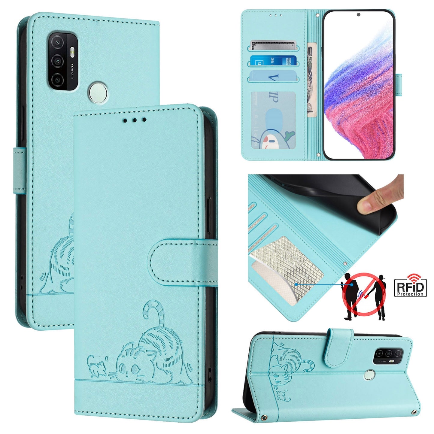 OPPO A33 2020 4G Cat & Rat Embossed RFID Leather Case, Lanyard, Wallet, Card Slots, Kickstand, Anti-Fall, Scratch-Resistant