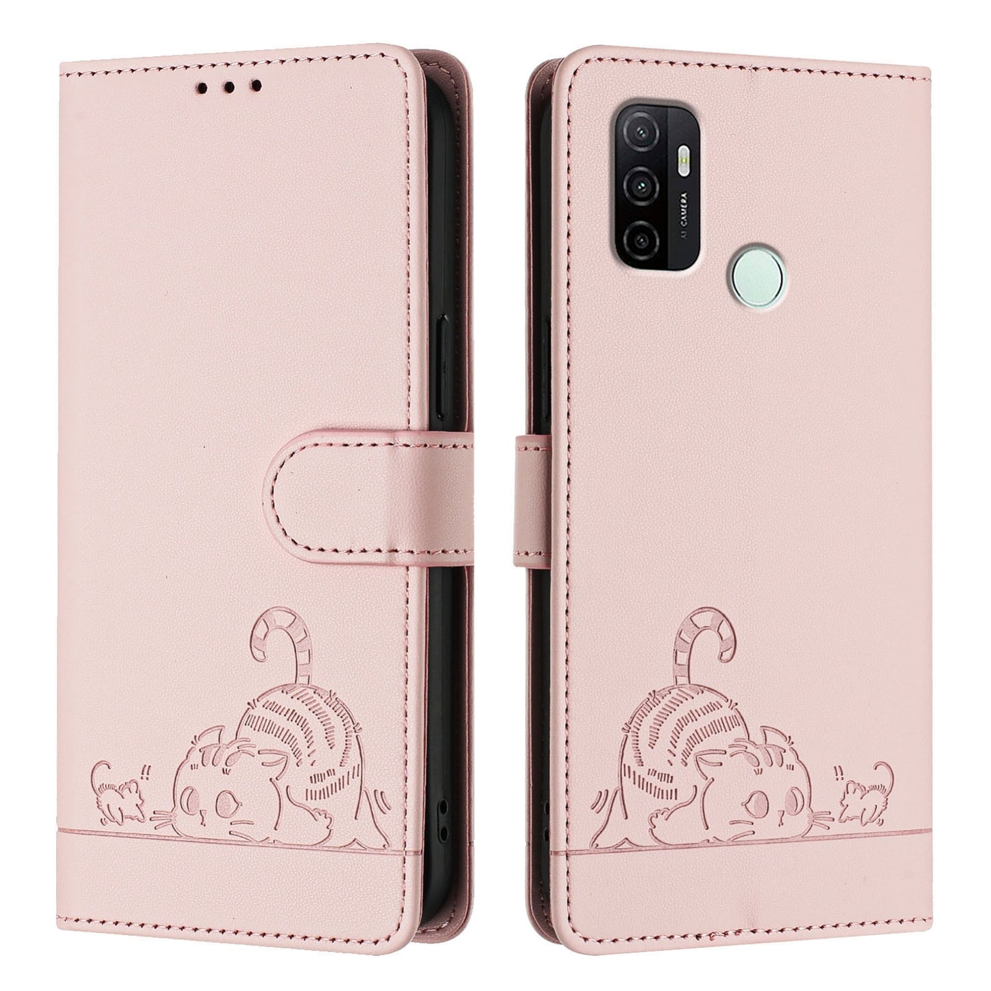 OPPO A33 2020 4G Cat & Rat Embossed RFID Leather Case, Lanyard, Wallet, Card Slots, Kickstand, Anti-Fall, Scratch-Resistant