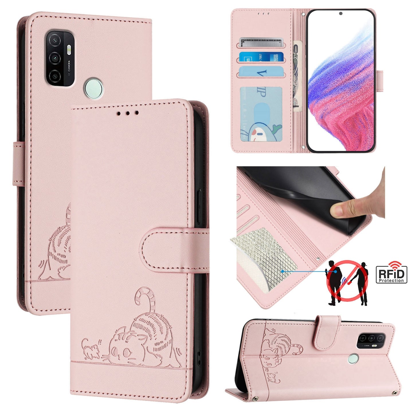 OPPO A33 2020 4G Cat & Rat Embossed RFID Leather Case, Lanyard, Wallet, Card Slots, Kickstand, Anti-Fall, Scratch-Resistant