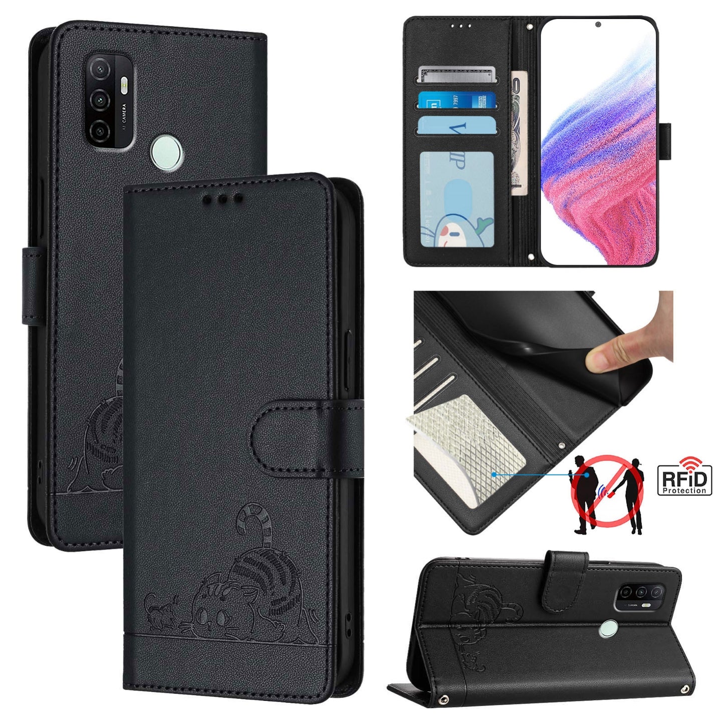 OPPO A33 2020 4G Cat & Rat Embossed RFID Leather Case, Lanyard, Wallet, Card Slots, Kickstand, Anti-Fall, Scratch-Resistant