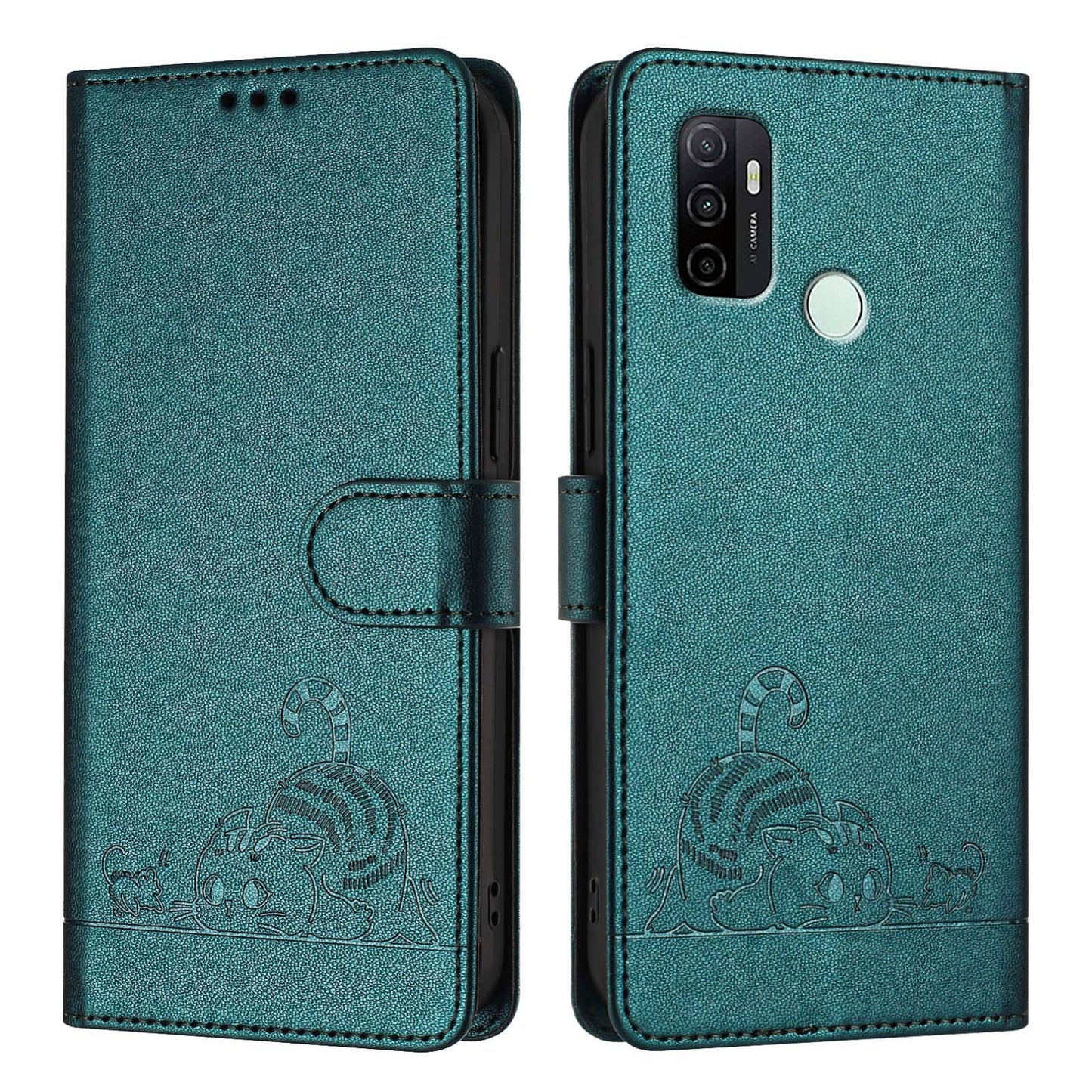 OPPO A33 2020 4G Cat & Rat Embossed RFID Leather Case, Lanyard, Wallet, Card Slots, Kickstand, Anti-Fall, Scratch-Resistant
