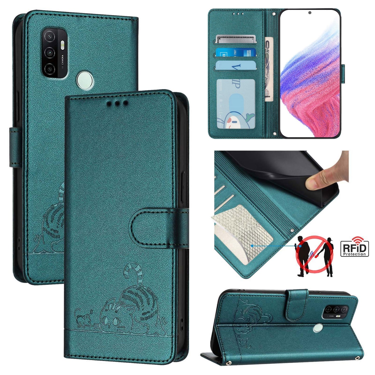 OPPO A33 2020 4G Cat & Rat Embossed RFID Leather Case, Lanyard, Wallet, Card Slots, Kickstand, Anti-Fall, Scratch-Resistant