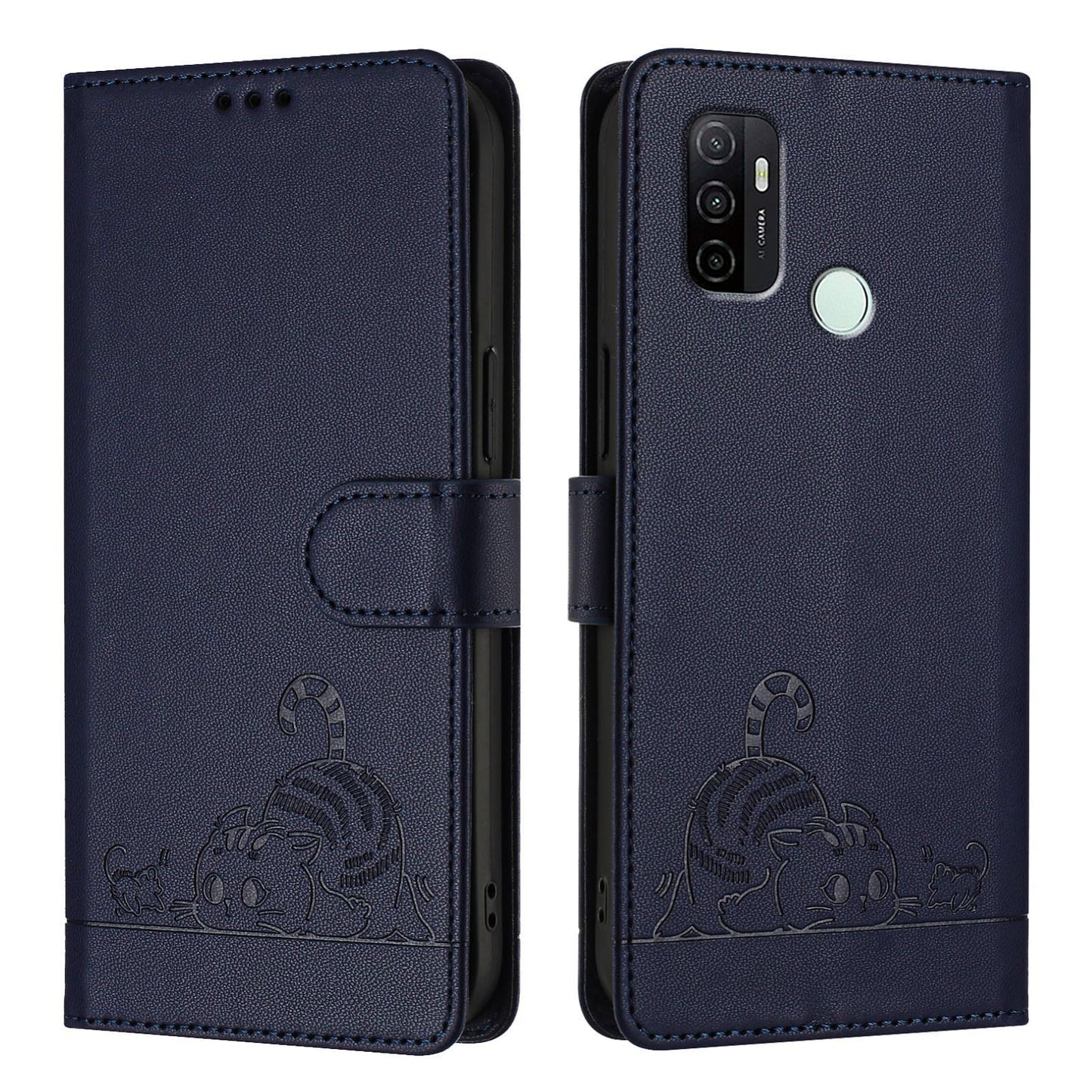 OPPO A33 2020 4G Cat & Rat Embossed RFID Leather Case, Lanyard, Wallet, Card Slots, Kickstand, Anti-Fall, Scratch-Resistant