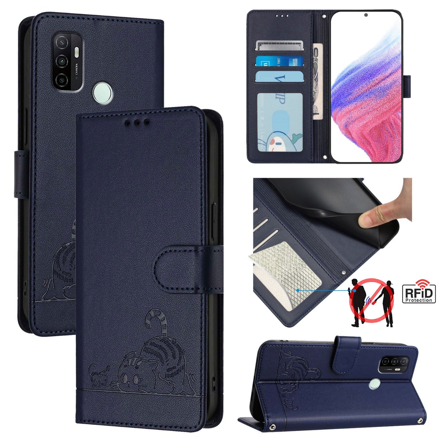 OPPO A33 2020 4G Cat & Rat Embossed RFID Leather Case, Lanyard, Wallet, Card Slots, Kickstand, Anti-Fall, Scratch-Resistant