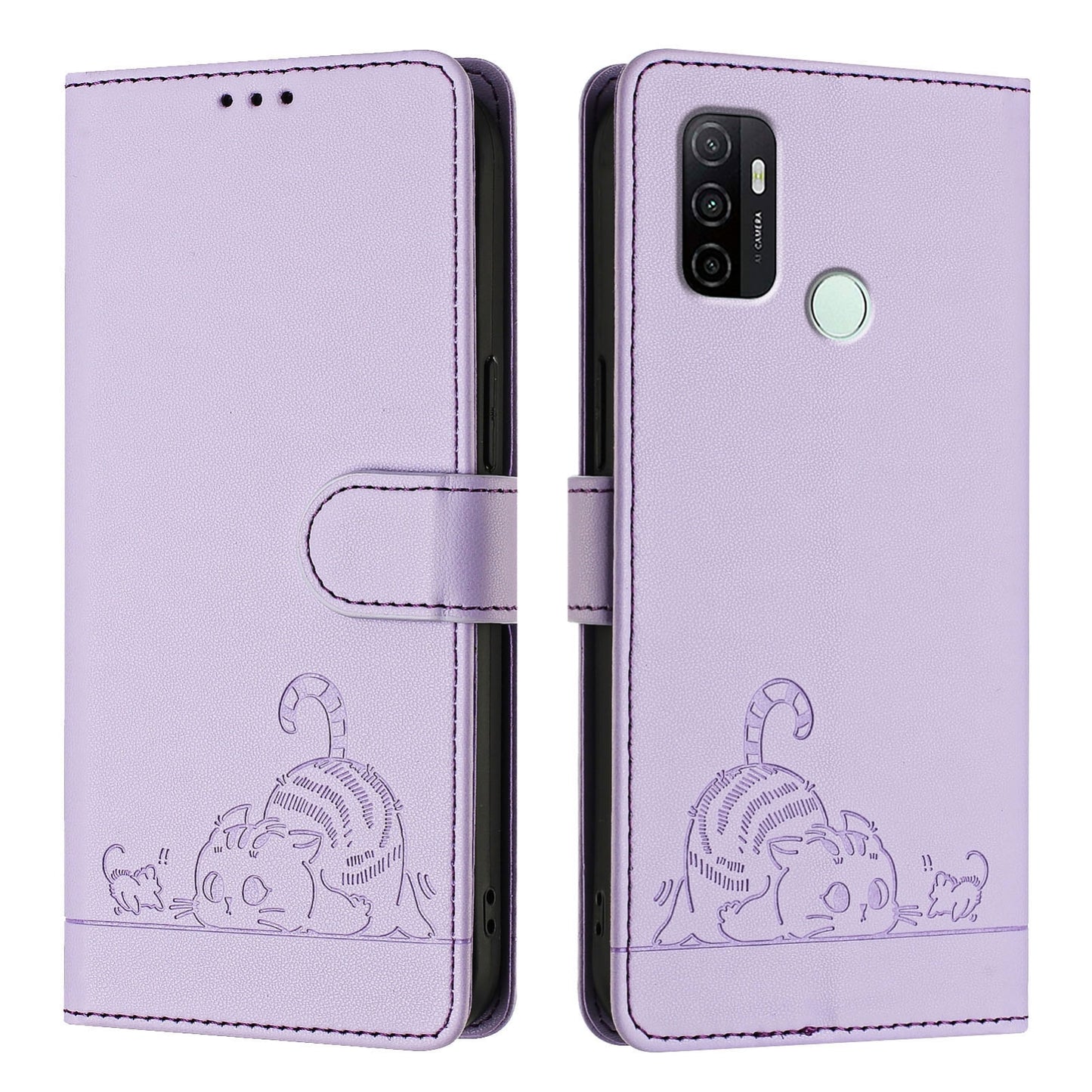 OPPO A33 2020 4G Cat & Rat Embossed RFID Leather Case, Lanyard, Wallet, Card Slots, Kickstand, Anti-Fall, Scratch-Resistant