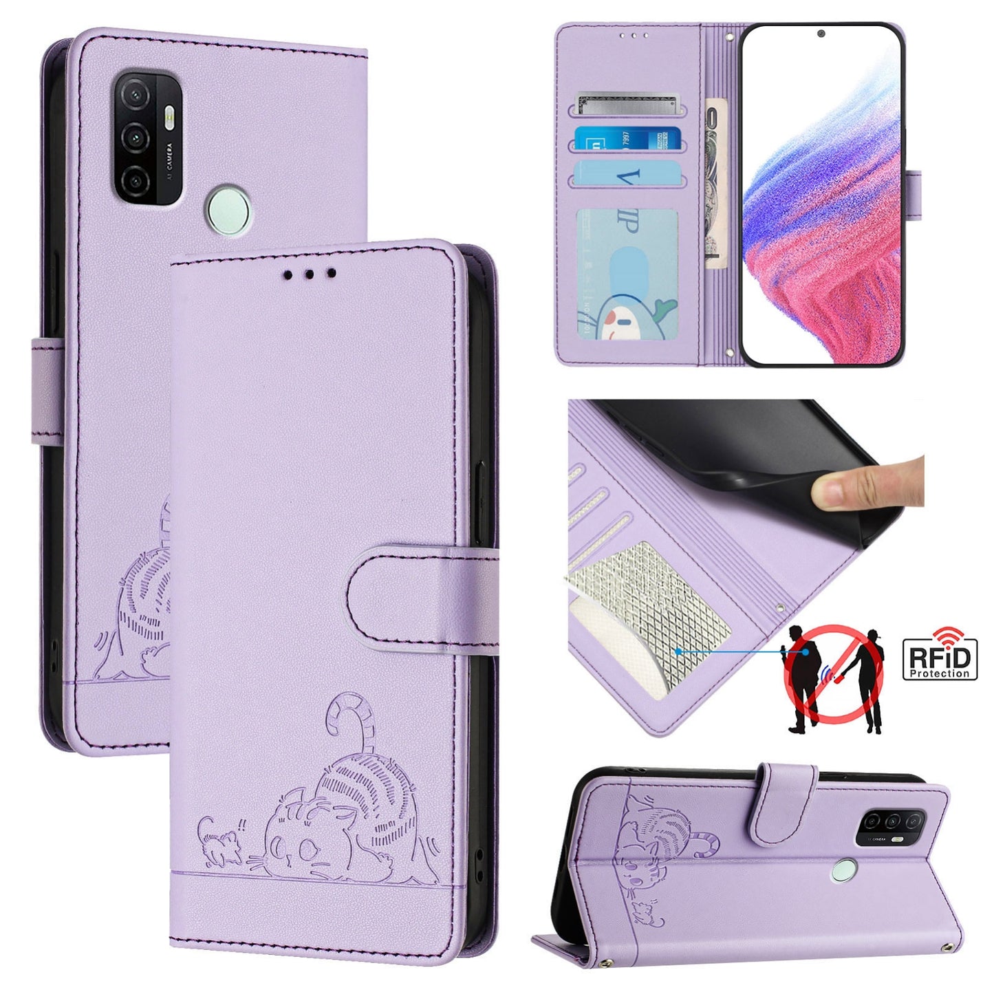 OPPO A33 2020 4G Cat & Rat Embossed RFID Leather Case, Lanyard, Wallet, Card Slots, Kickstand, Anti-Fall, Scratch-Resistant