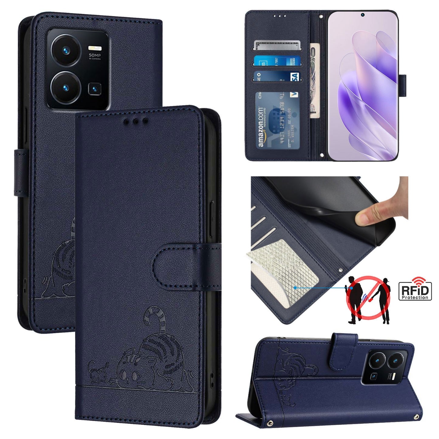 vivo Y77 5G Global Cat & Rat Embossed RFID Leather Case, Lanyard, Wallet, Card Slots, Kickstand, Anti-Fall, Scratch-Resistant