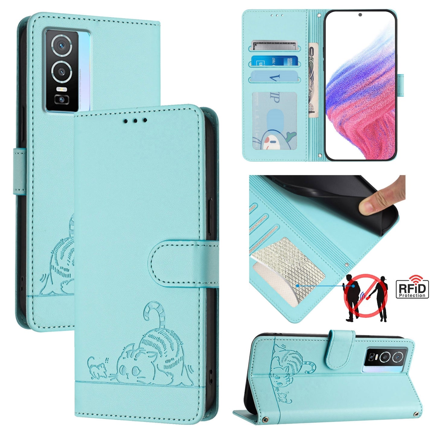 vivo Y76 5G Cat & Rat Embossed RFID Leather Case, Lanyard, Wallet, Card Slots, Kickstand, Anti-Fall, Scratch-Resistant