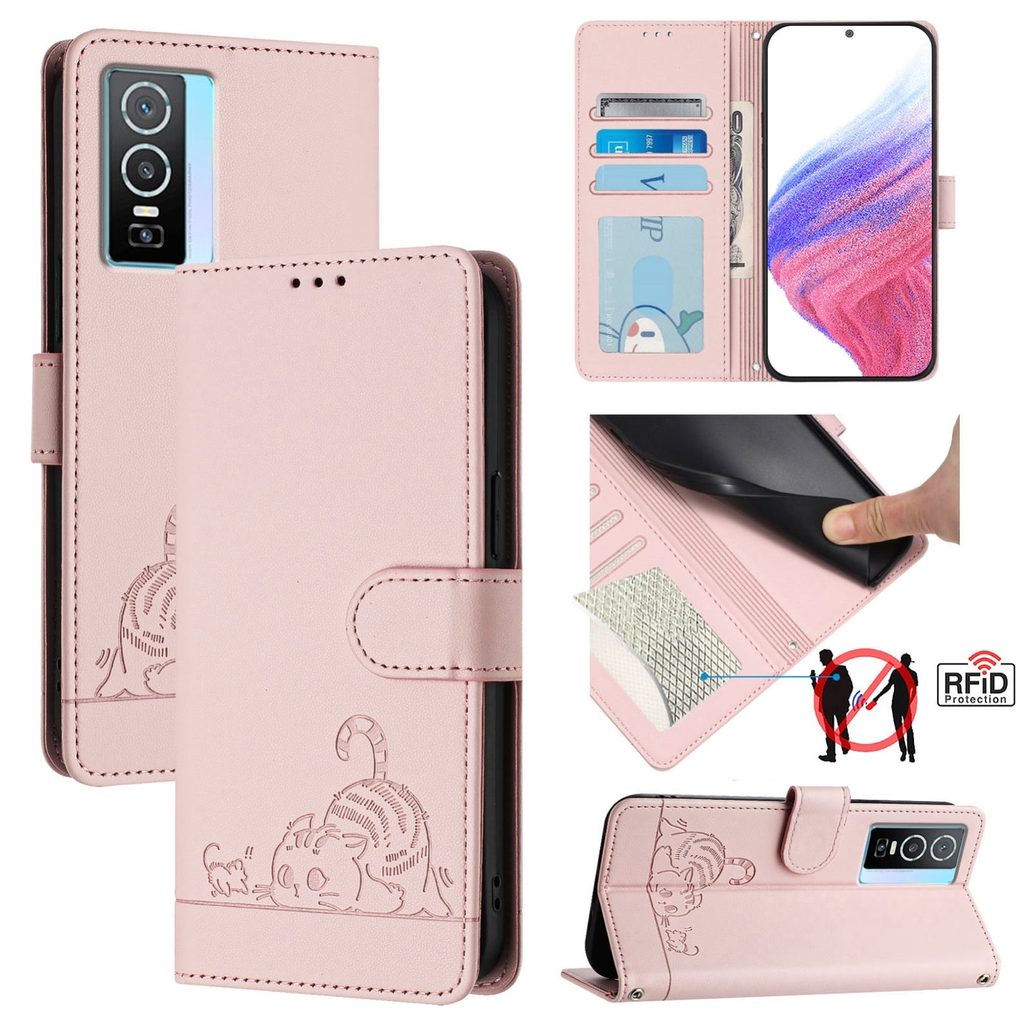 vivo Y76 5G Cat & Rat Embossed RFID Leather Case, Lanyard, Wallet, Card Slots, Kickstand, Anti-Fall, Scratch-Resistant