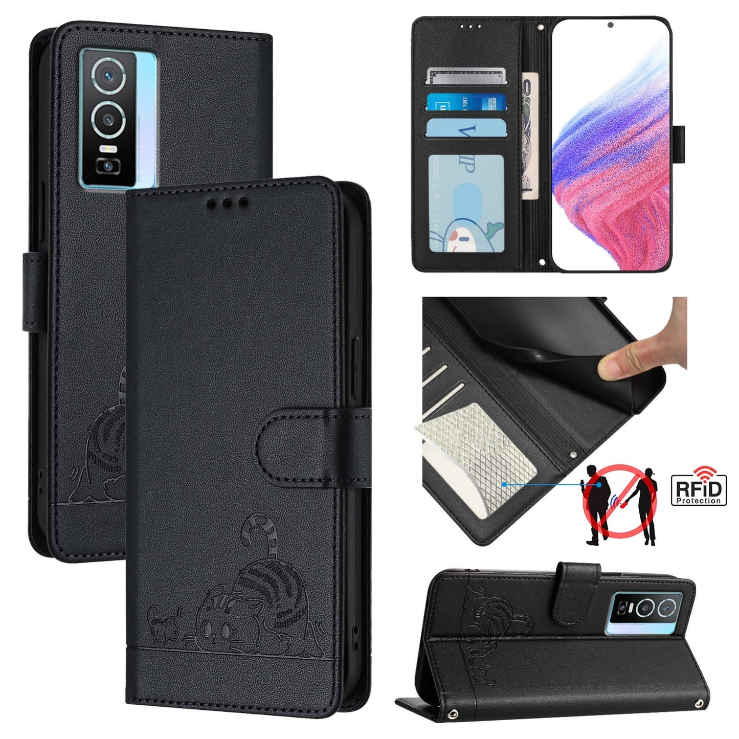vivo Y76 5G Cat & Rat Embossed RFID Leather Case, Lanyard, Wallet, Card Slots, Kickstand, Anti-Fall, Scratch-Resistant