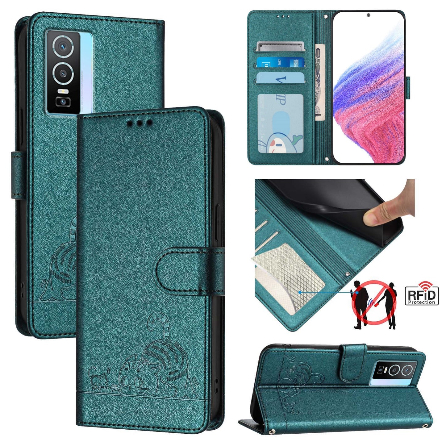 vivo Y76 5G Cat & Rat Embossed RFID Leather Case, Lanyard, Wallet, Card Slots, Kickstand, Anti-Fall, Scratch-Resistant