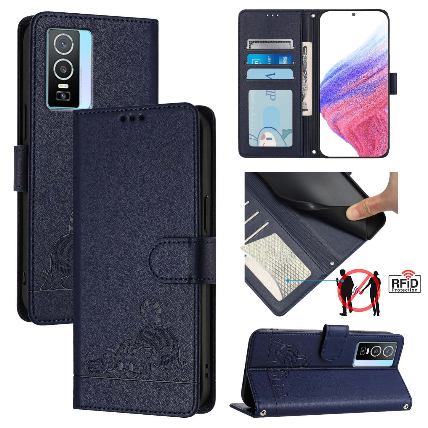vivo Y76 5G Cat & Rat Embossed RFID Leather Case, Lanyard, Wallet, Card Slots, Kickstand, Anti-Fall, Scratch-Resistant