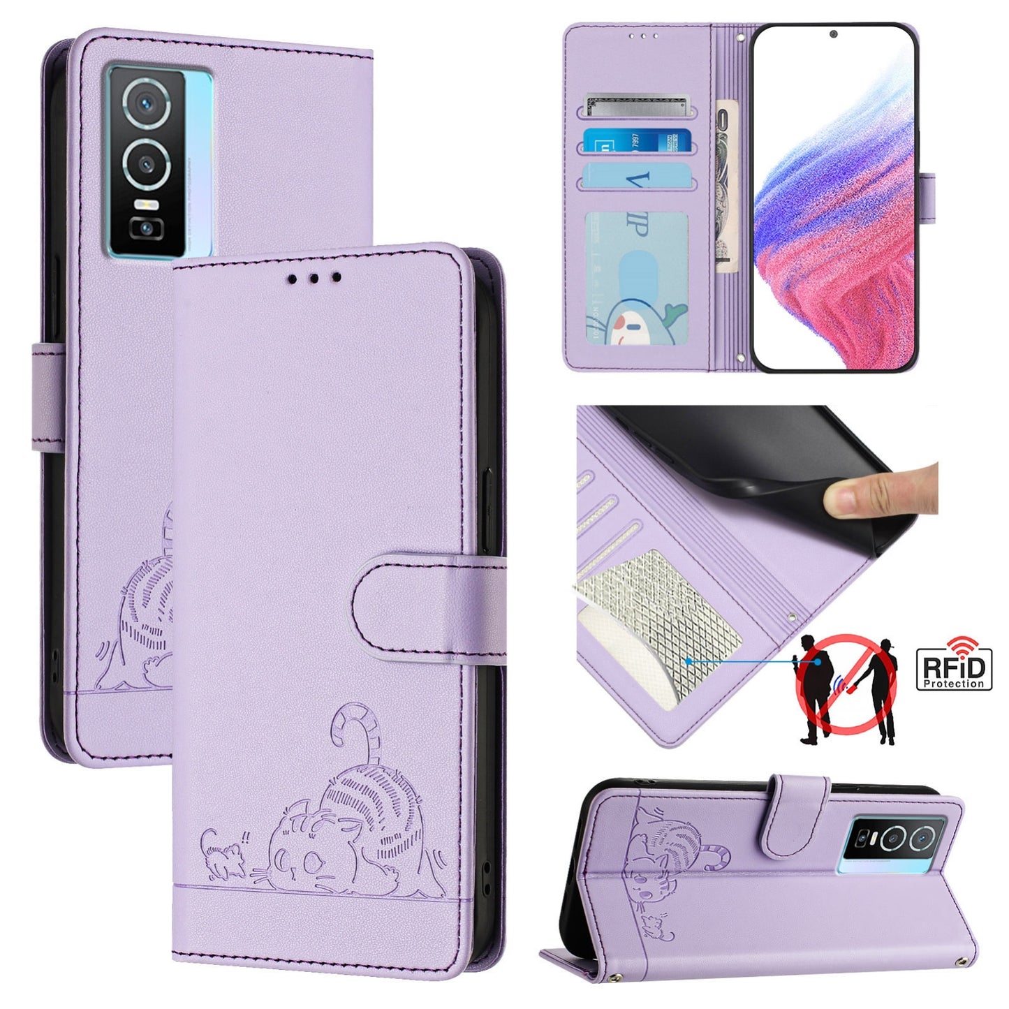 vivo Y76 5G Cat & Rat Embossed RFID Leather Case, Lanyard, Wallet, Card Slots, Kickstand, Anti-Fall, Scratch-Resistant