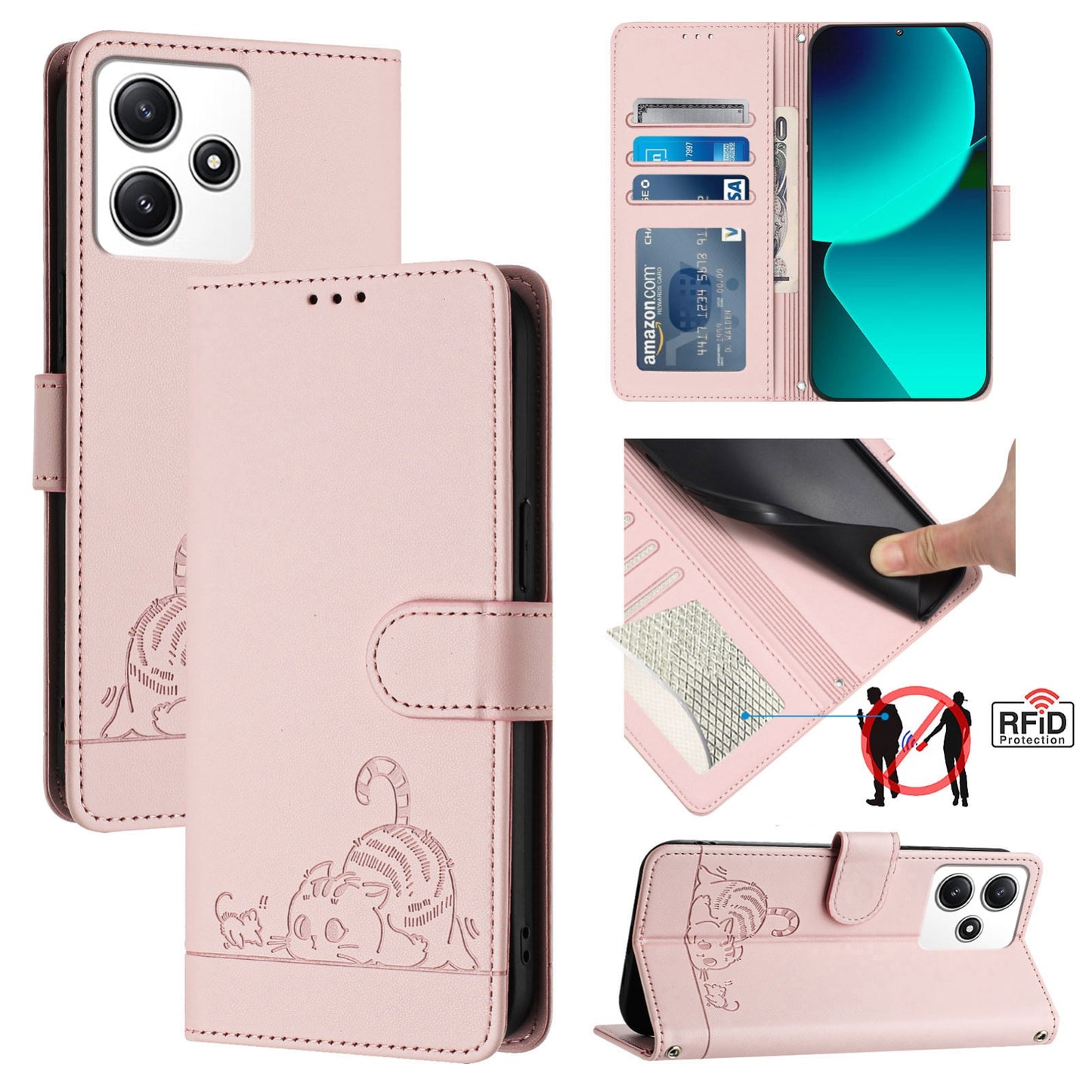 Xiaomi Redmi Note 12R Cat & Rat Embossed RFID Leather Case, Lanyard, Wallet, Card Slots, Kickstand, Anti-Fall, Scratch-Resistant