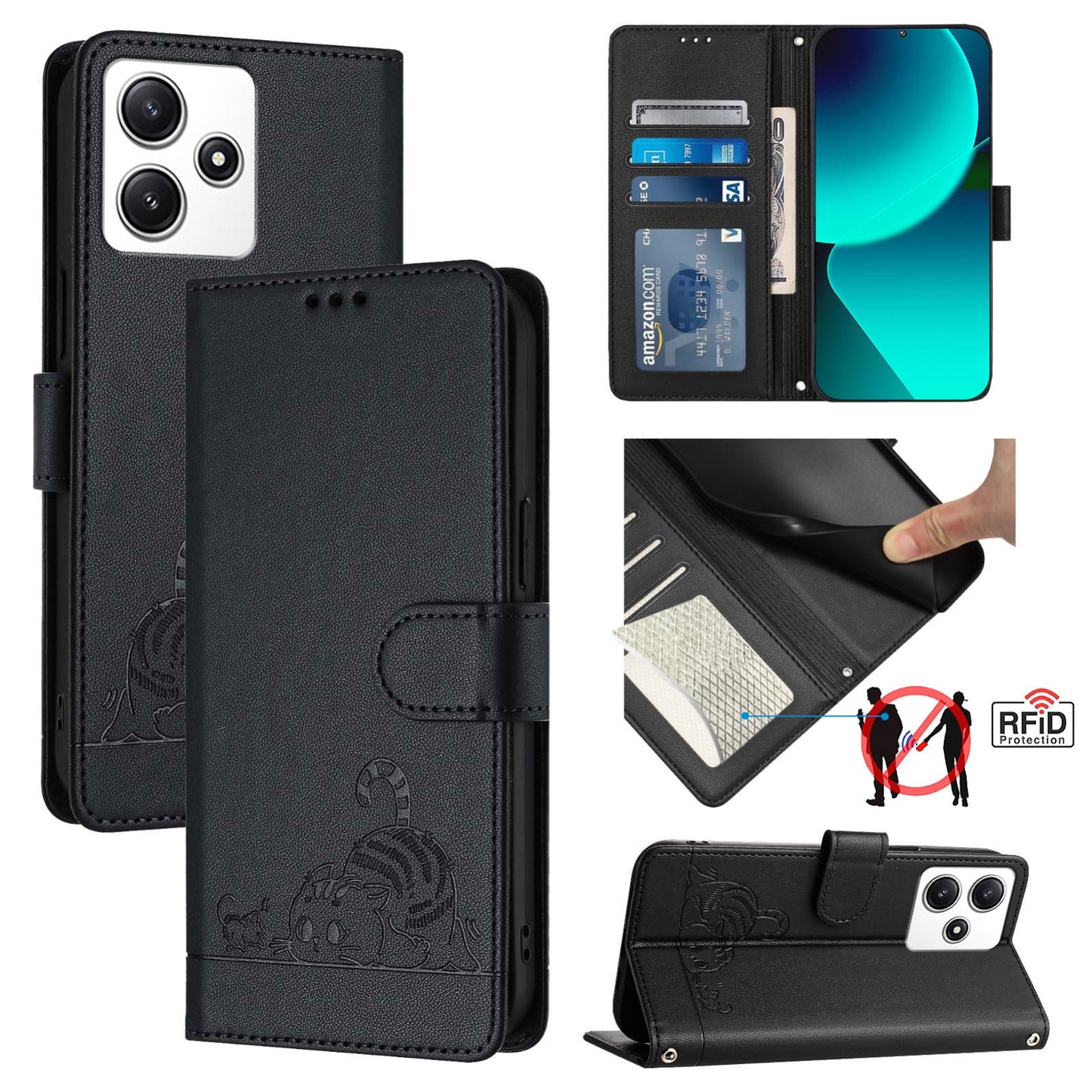 Xiaomi Redmi Note 12R Cat & Rat Embossed RFID Leather Case, Lanyard, Wallet, Card Slots, Kickstand, Anti-Fall, Scratch-Resistant