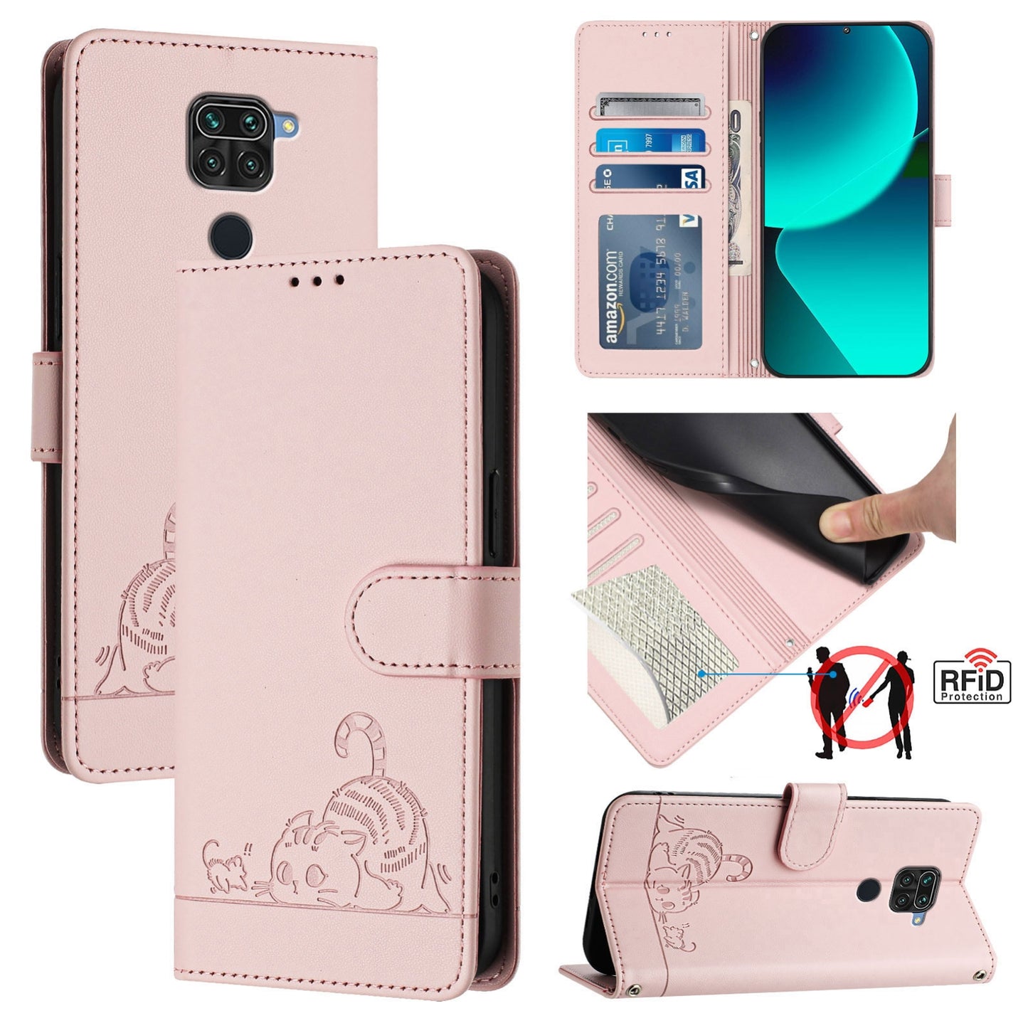 Xiaomi Redmi Note 9 4G Global Cat & Rat Embossed RFID Leather Case, Lanyard, Wallet, Card Slots, Kickstand, Anti-Fall, Scratch-Resistant