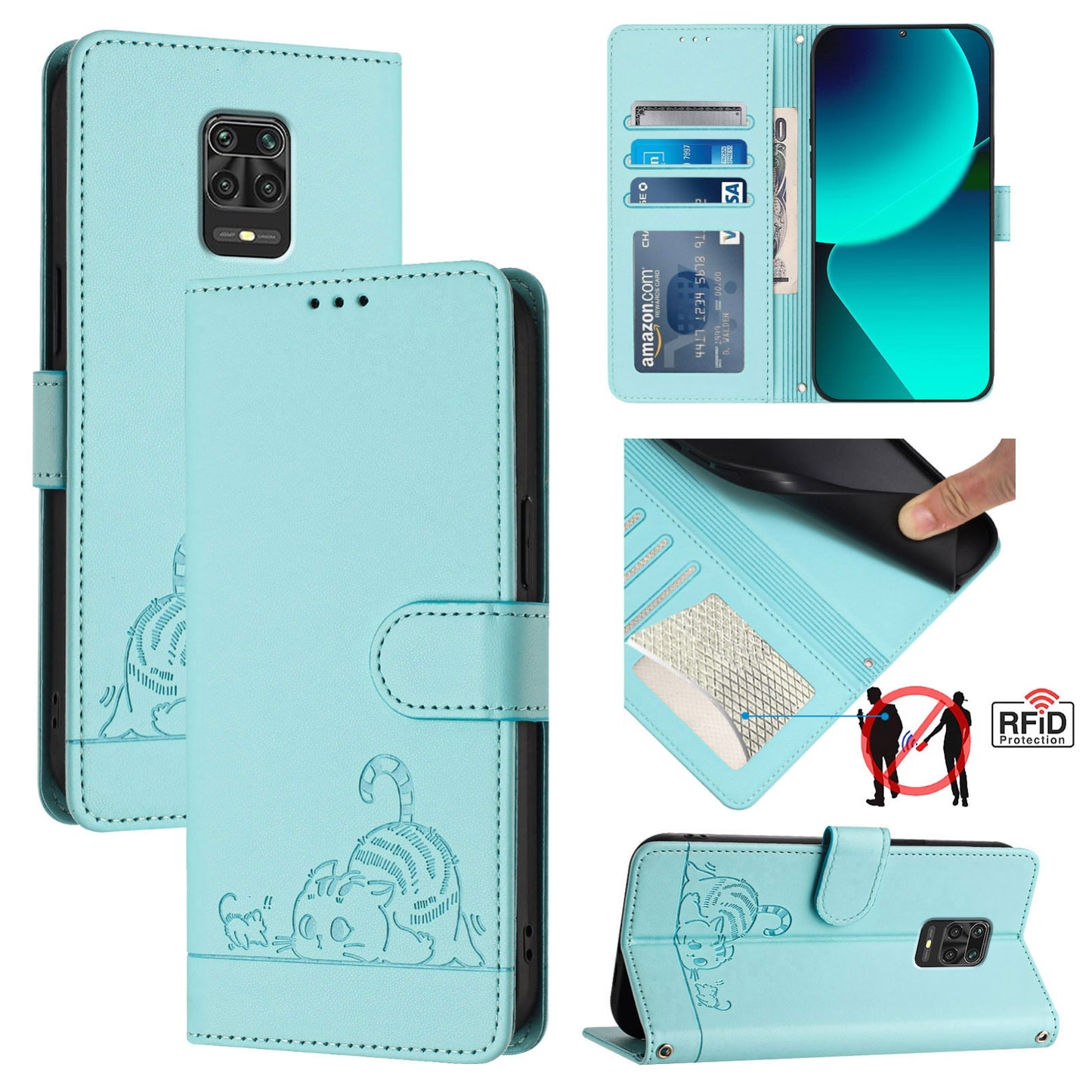 Xiaomi Redmi Note 9 Pro Max 4G Cat & Rat Embossed RFID Leather Case, Lanyard, Wallet, Card Slots, Kickstand, Anti-Fall, Scratch-Resistant