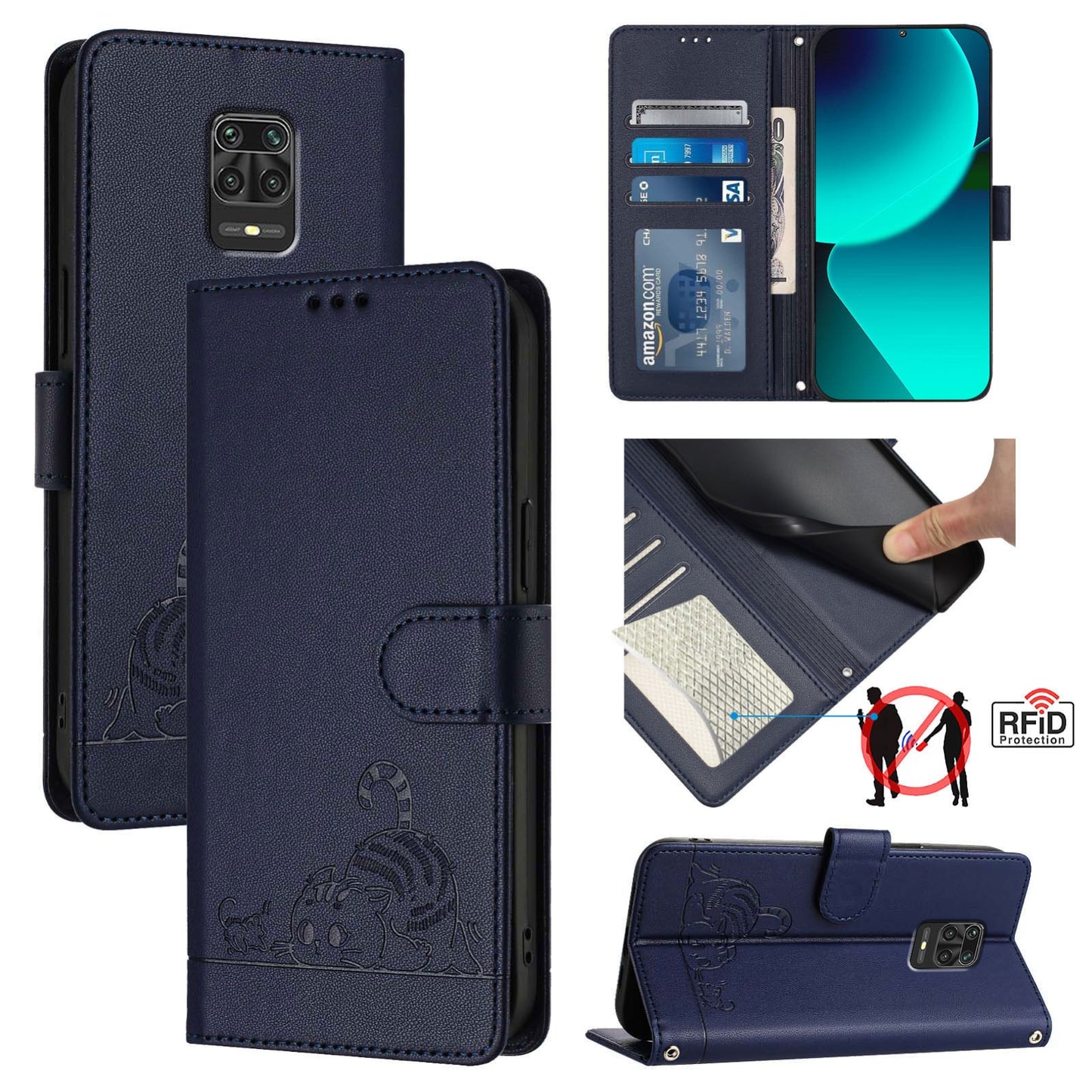 Xiaomi Redmi Note 9 Pro Max 4G Cat & Rat Embossed RFID Leather Case, Lanyard, Wallet, Card Slots, Kickstand, Anti-Fall, Scratch-Resistant