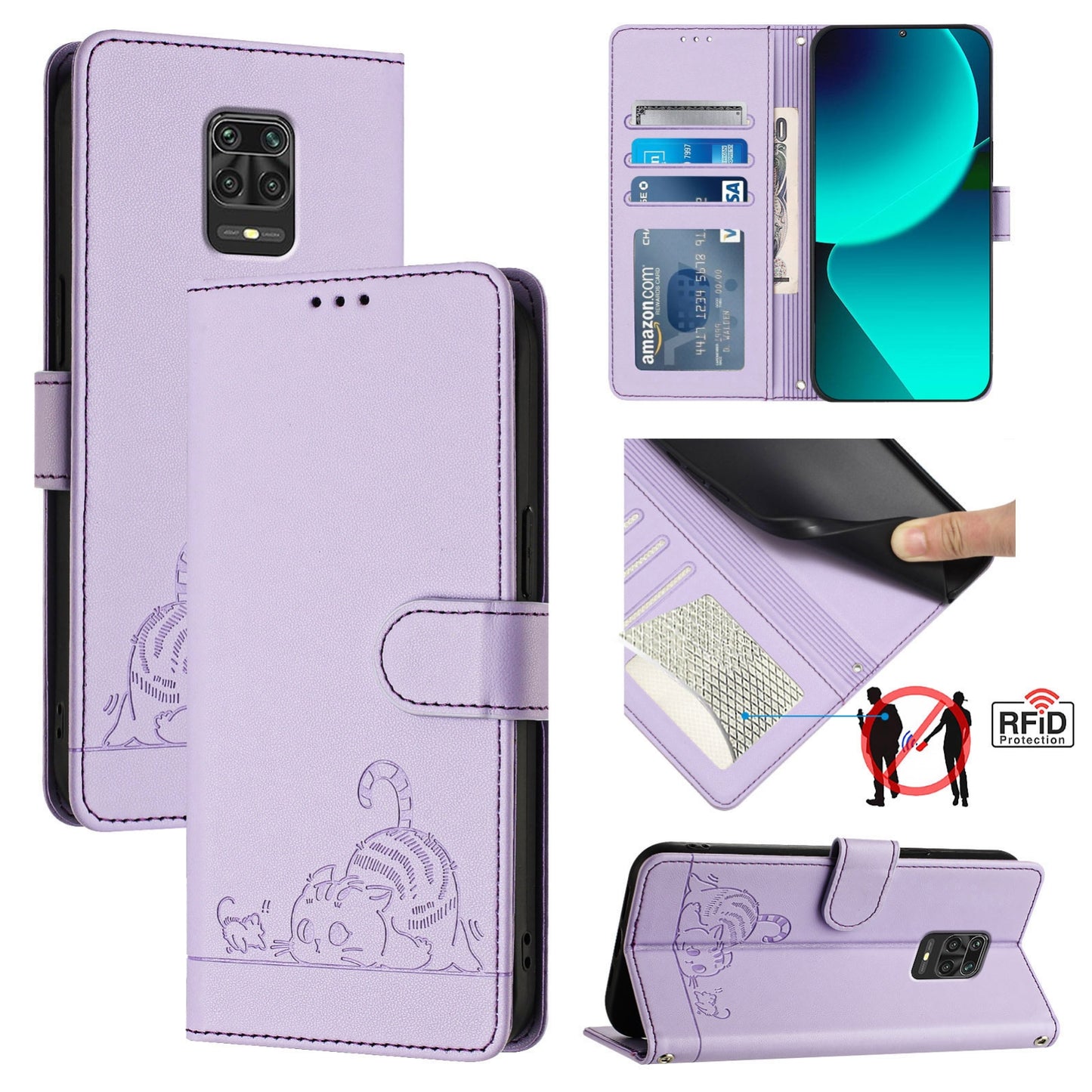 Xiaomi Redmi Note 9 Pro Max 4G Cat & Rat Embossed RFID Leather Case, Lanyard, Wallet, Card Slots, Kickstand, Anti-Fall, Scratch-Resistant