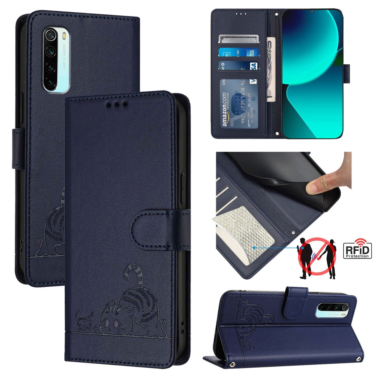 Xiaomi Redmi Note 8 Cat & Rat Embossed RFID Leather Case, Lanyard, Wallet, Card Slots, Kickstand, Anti-Fall, Scratch-Resistant