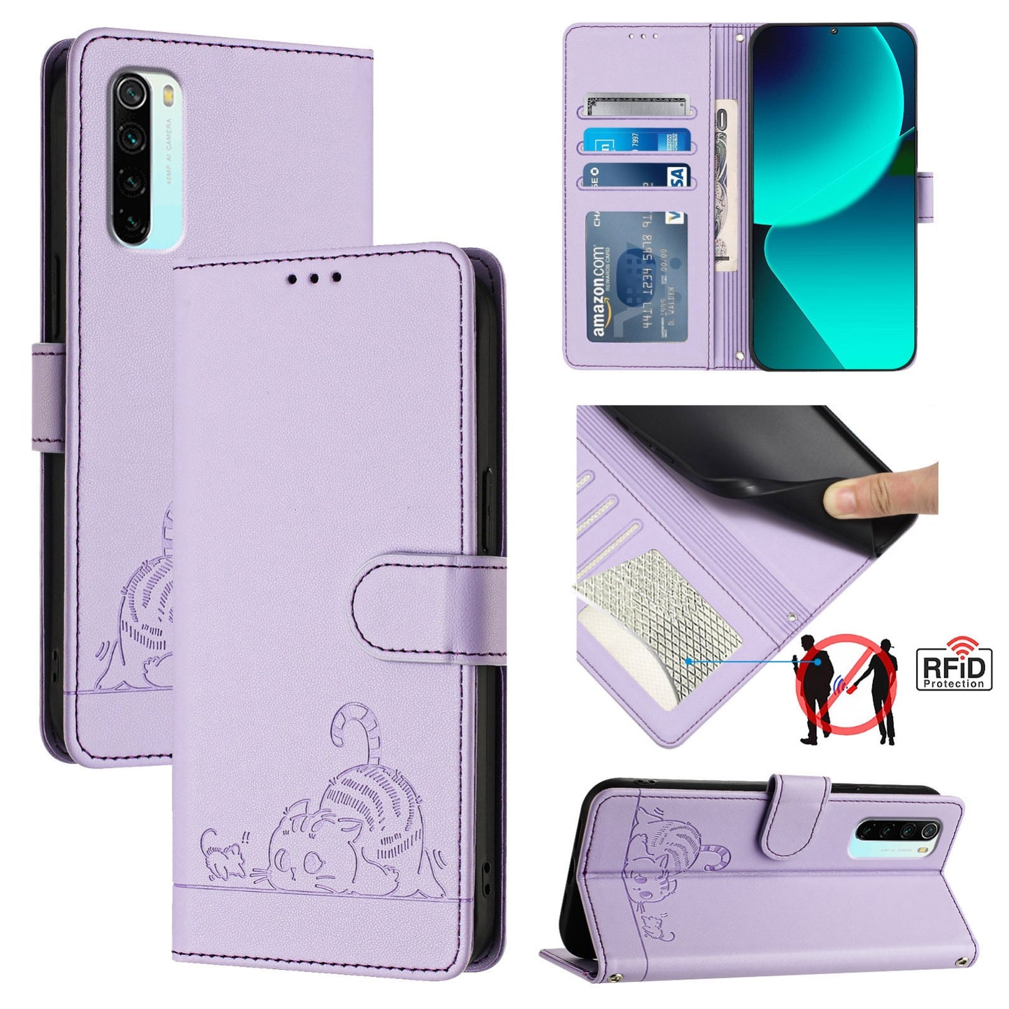 Xiaomi Redmi Note 8 Cat & Rat Embossed RFID Leather Case, Lanyard, Wallet, Card Slots, Kickstand, Anti-Fall, Scratch-Resistant