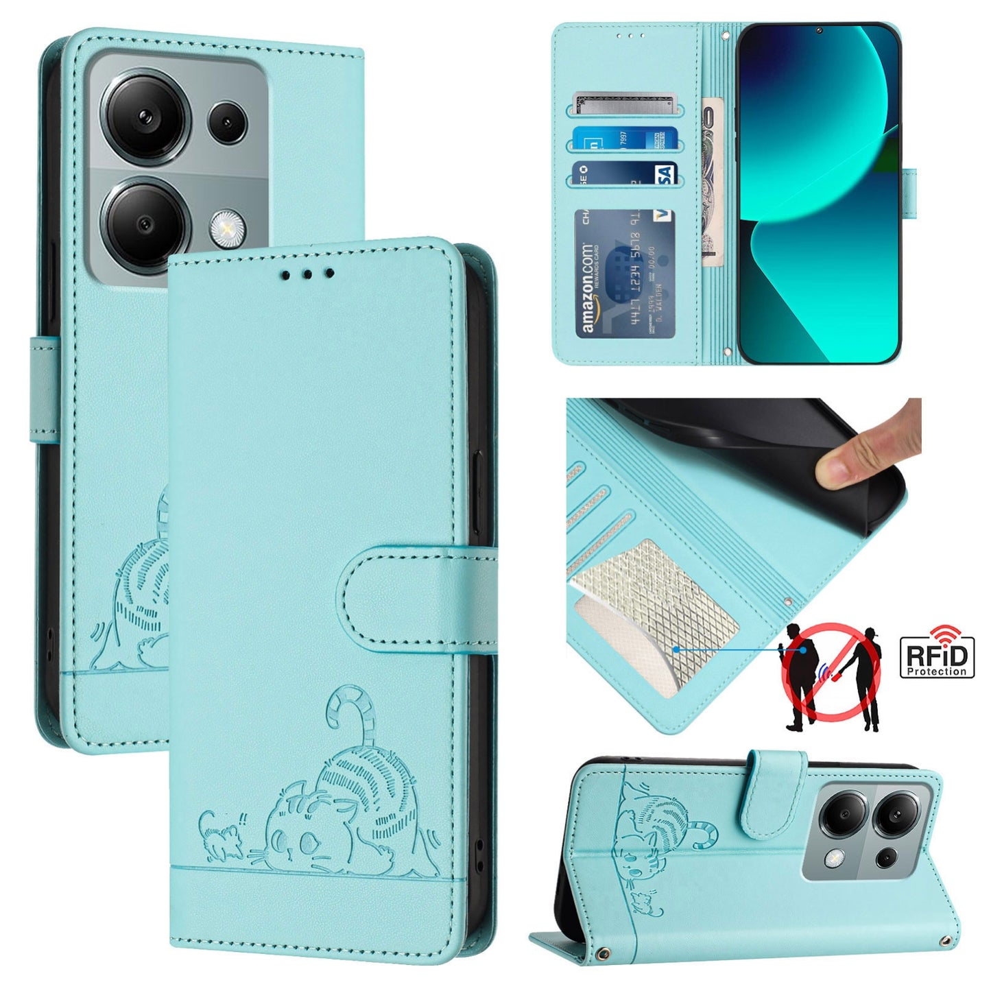 Xiaomi Redmi Note 13 Pro 4G Global Cat & Rat Embossed RFID Leather Case, Lanyard, Wallet, Card Slots, Kickstand, Anti-Fall, Scratch-Resistant
