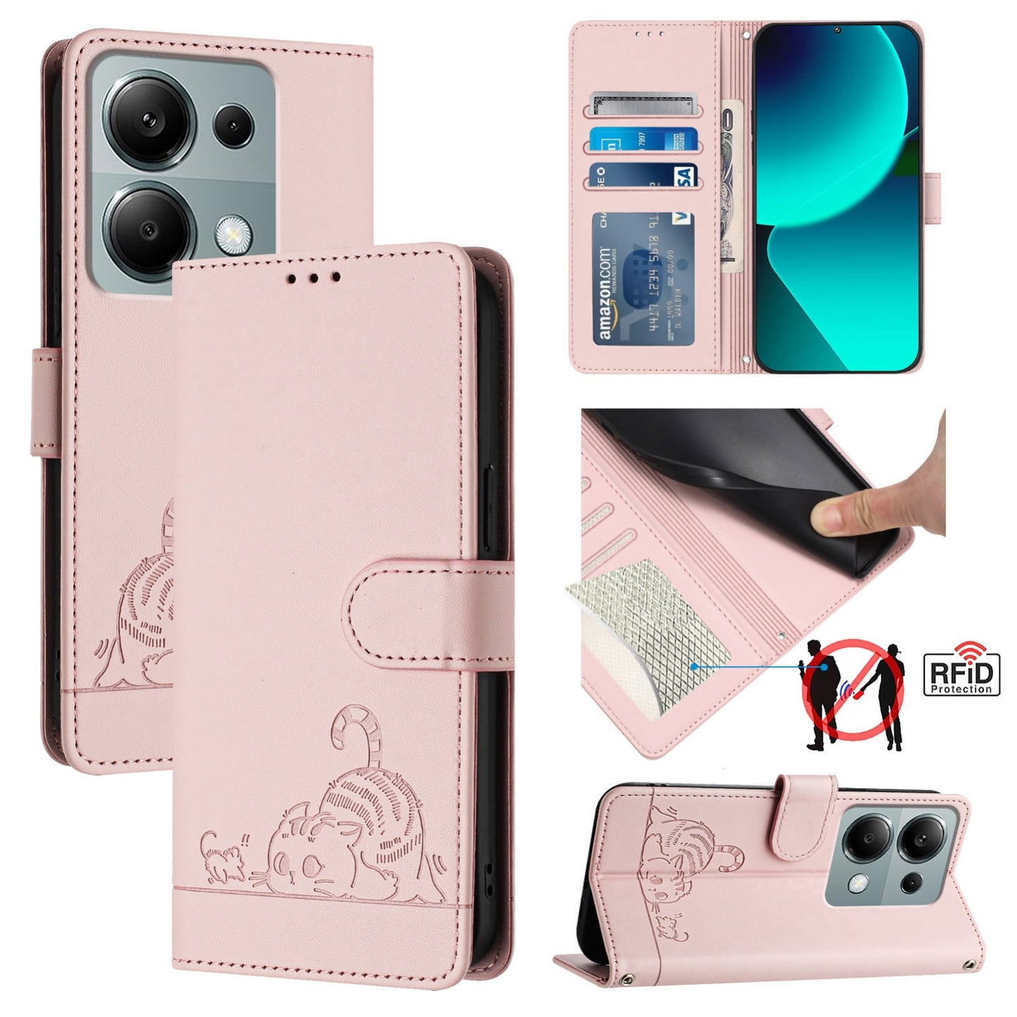 Xiaomi Redmi Note 13 Pro 4G Global Cat & Rat Embossed RFID Leather Case, Lanyard, Wallet, Card Slots, Kickstand, Anti-Fall, Scratch-Resistant