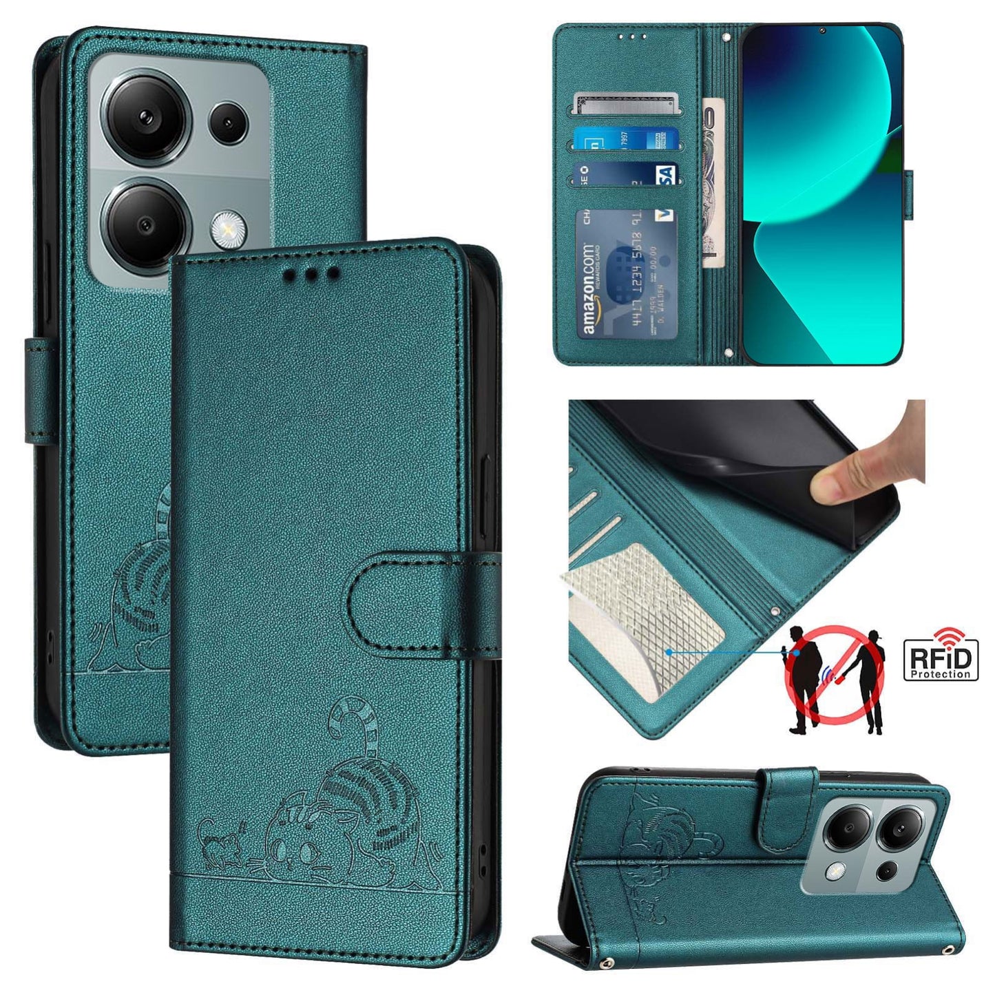 Xiaomi Redmi Note 13 Pro 4G Global Cat & Rat Embossed RFID Leather Case, Lanyard, Wallet, Card Slots, Kickstand, Anti-Fall, Scratch-Resistant