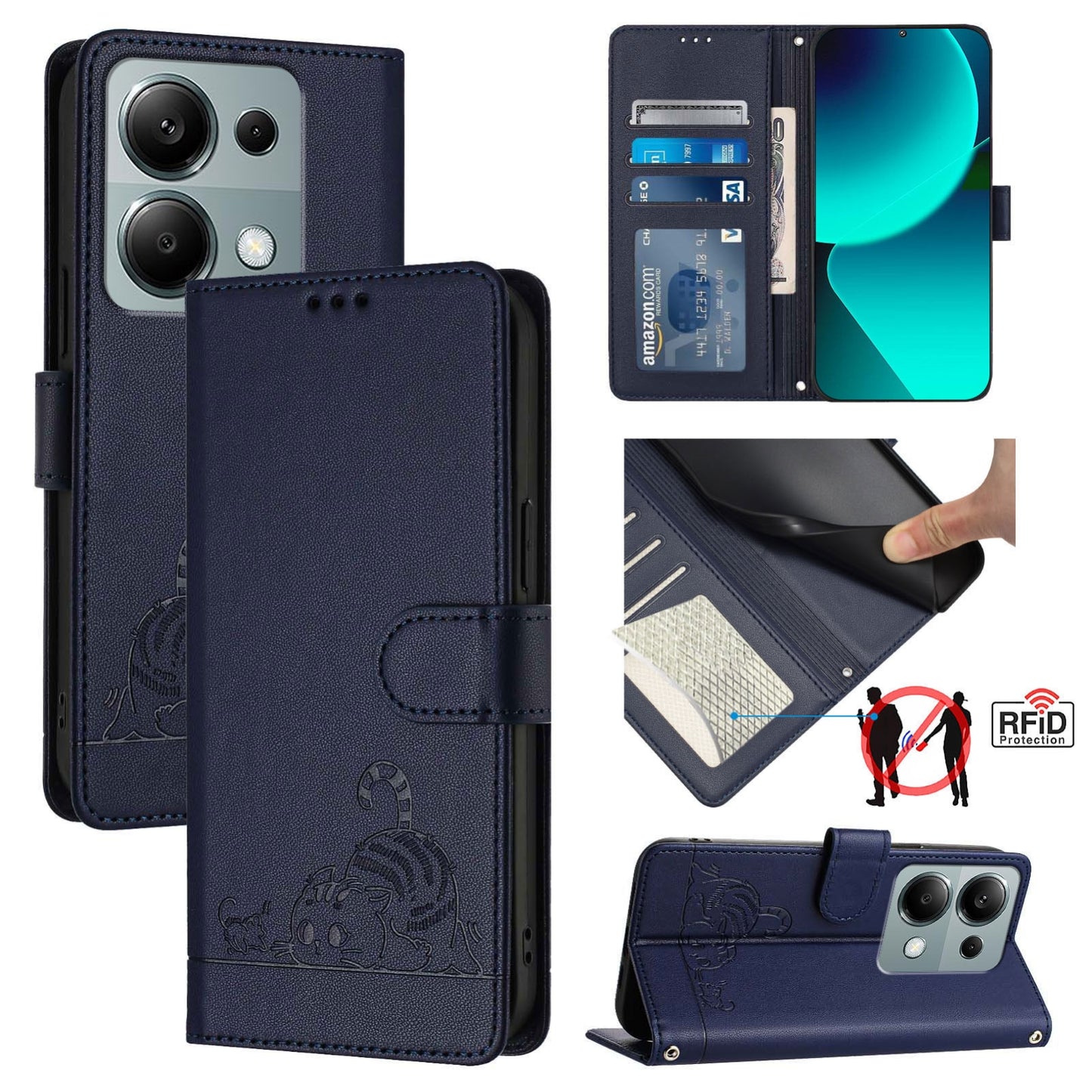 Xiaomi Redmi Note 13 Pro 4G Global Cat & Rat Embossed RFID Leather Case, Lanyard, Wallet, Card Slots, Kickstand, Anti-Fall, Scratch-Resistant