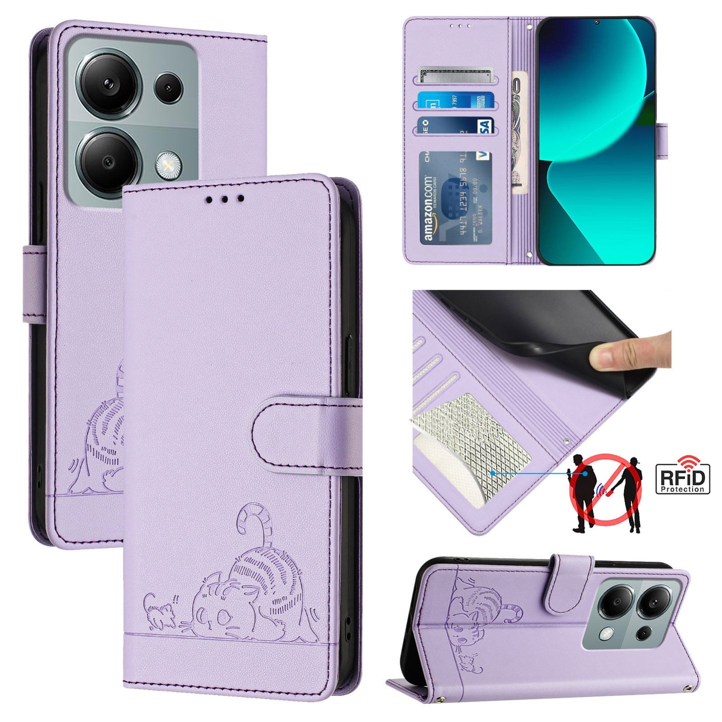 Xiaomi Redmi Note 13 Pro 4G Global Cat & Rat Embossed RFID Leather Case, Lanyard, Wallet, Card Slots, Kickstand, Anti-Fall, Scratch-Resistant