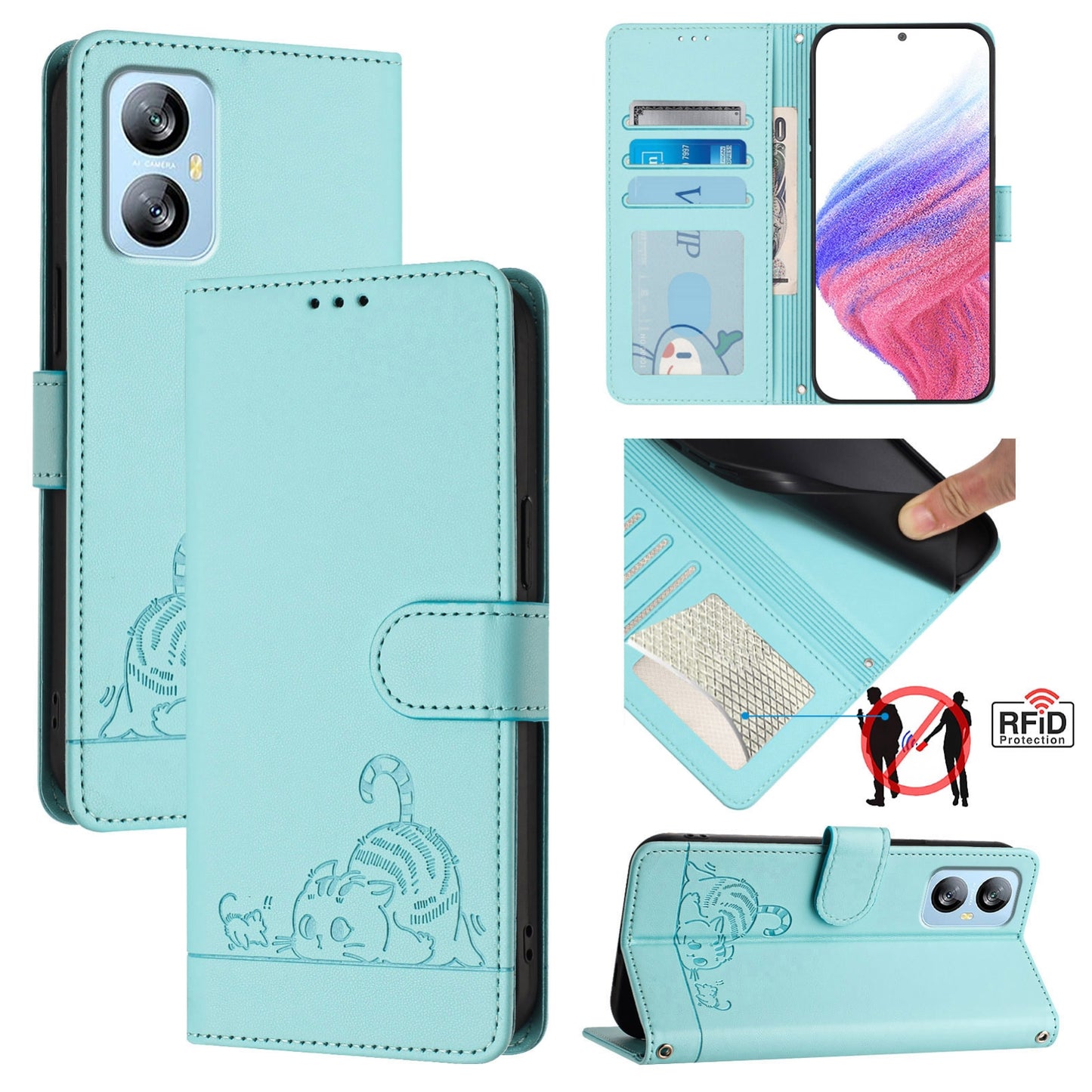 Blackview A52 Cat & Rat Embossed RFID Leather Case, Lanyard, Wallet, Card Slots, Kickstand, Anti-Fall, Scratch-Resistant
