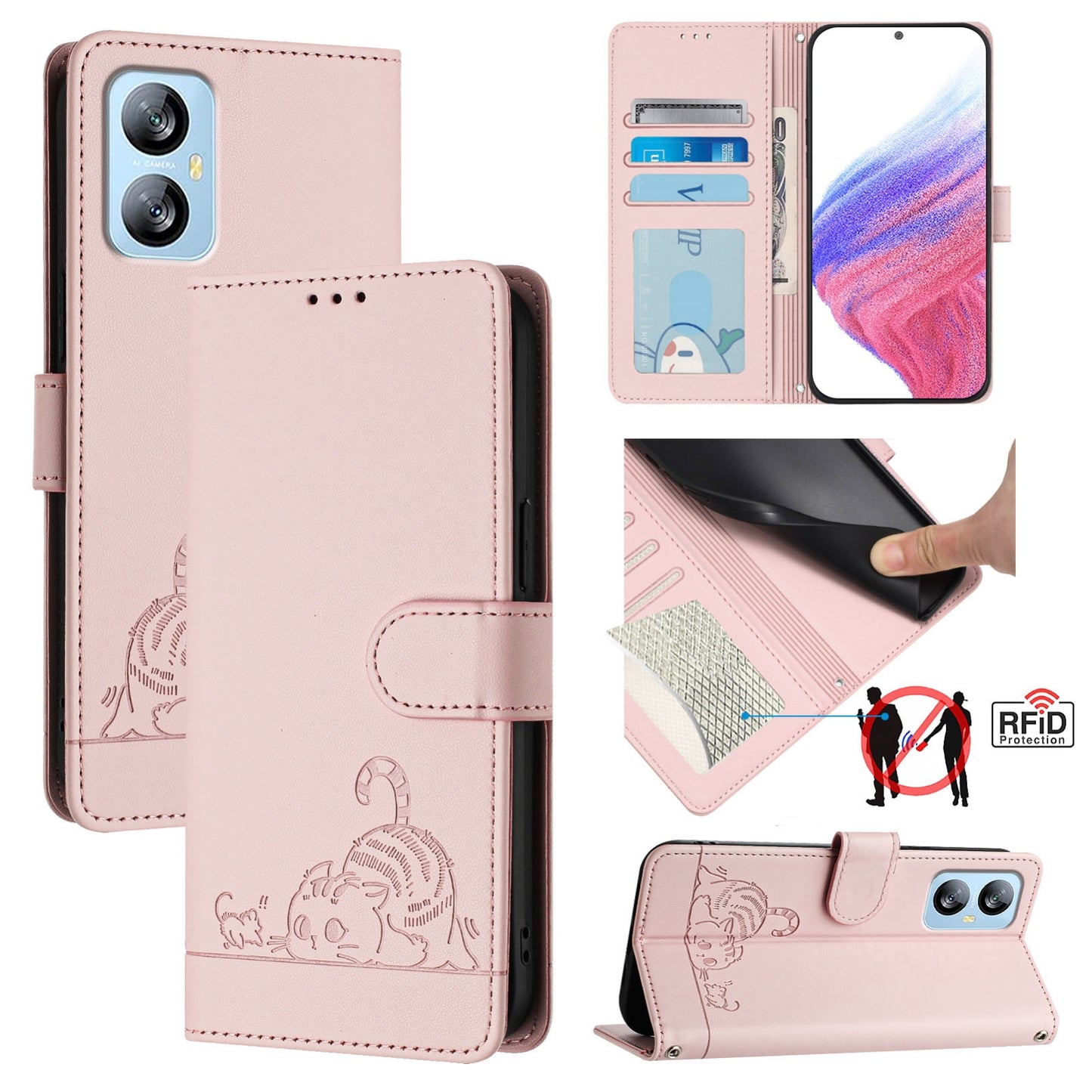 Blackview A52 Cat & Rat Embossed RFID Leather Case, Lanyard, Wallet, Card Slots, Kickstand, Anti-Fall, Scratch-Resistant